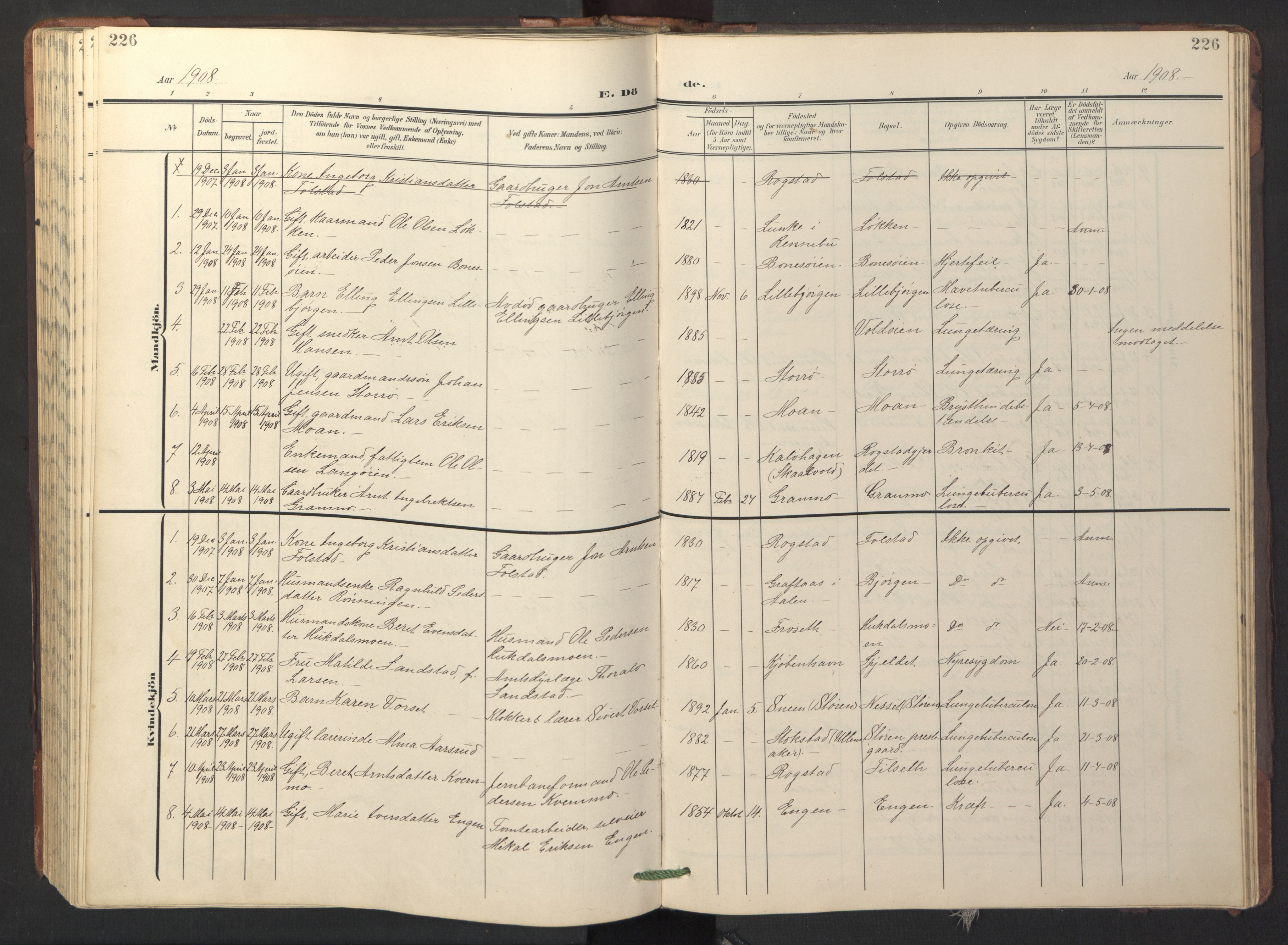 Ministerialprotokoller, klokkerbøker og fødselsregistre - Sør-Trøndelag, SAT/A-1456/687/L1019: Parish register (copy) no. 687C03, 1904-1931, p. 226