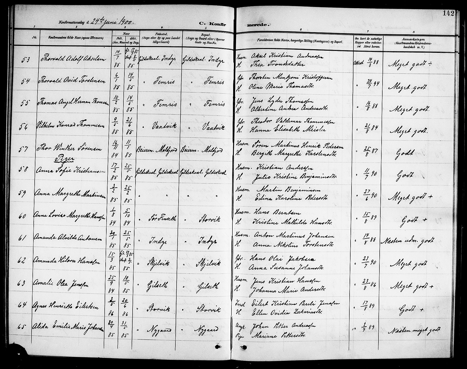 Ministerialprotokoller, klokkerbøker og fødselsregistre - Nordland, AV/SAT-A-1459/805/L0109: Parish register (copy) no. 805C05, 1900-1911, p. 142