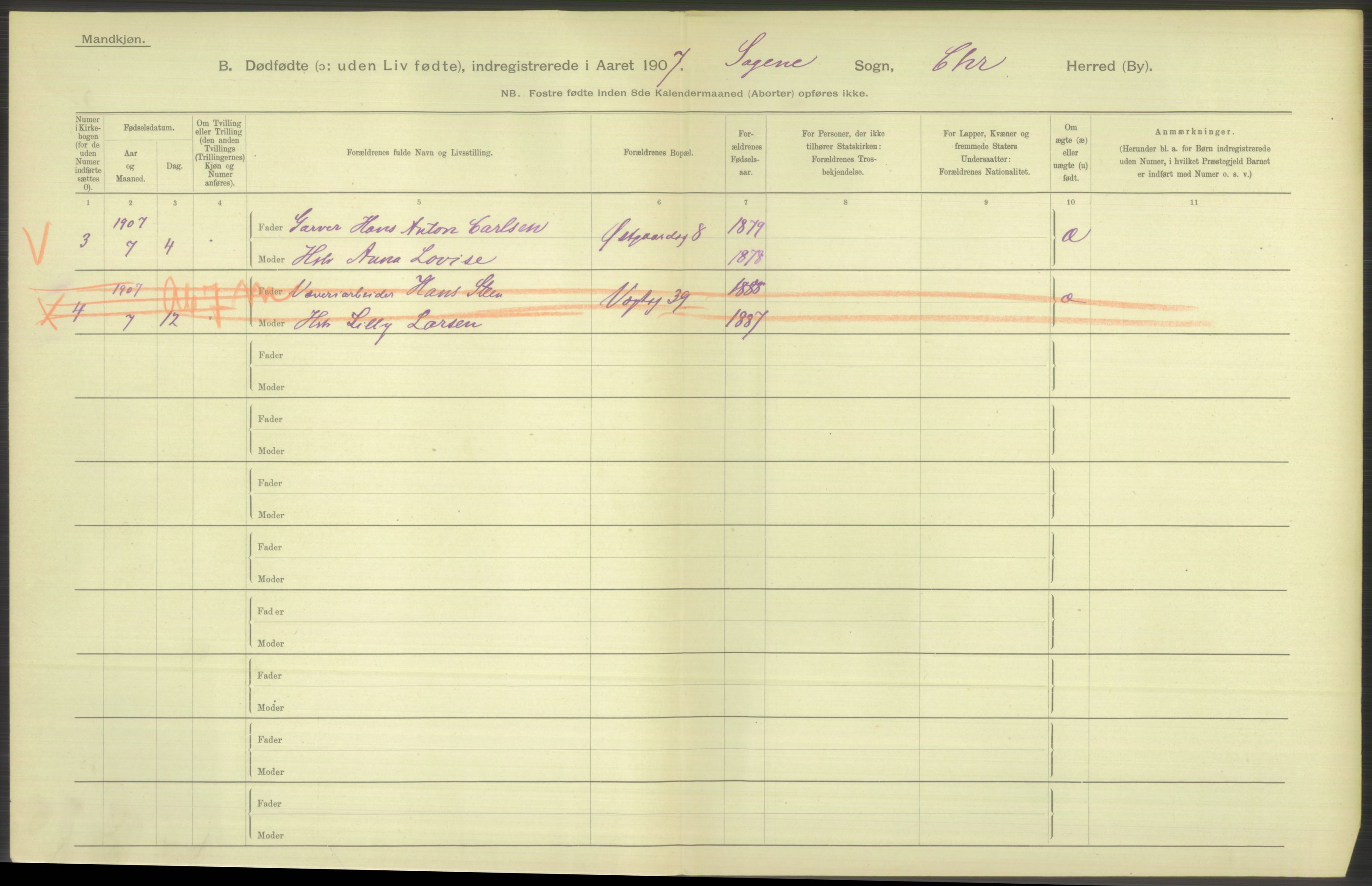 Statistisk sentralbyrå, Sosiodemografiske emner, Befolkning, RA/S-2228/D/Df/Dfa/Dfae/L0010: Kristiania: Døde, dødfødte, 1907, p. 70