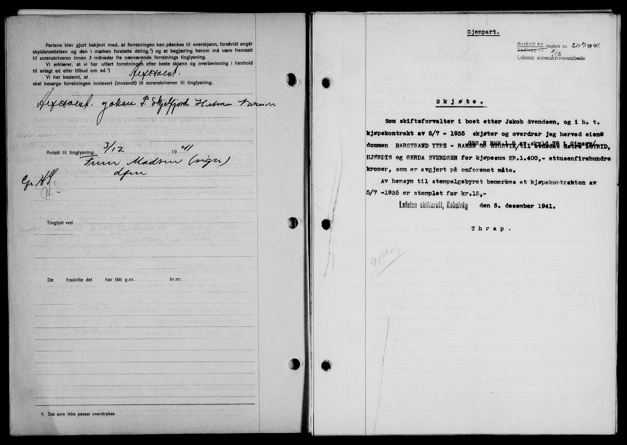 Lofoten sorenskriveri, SAT/A-0017/1/2/2C/L0009a: Mortgage book no. 9a, 1941-1942, Diary no: : 2117/1941