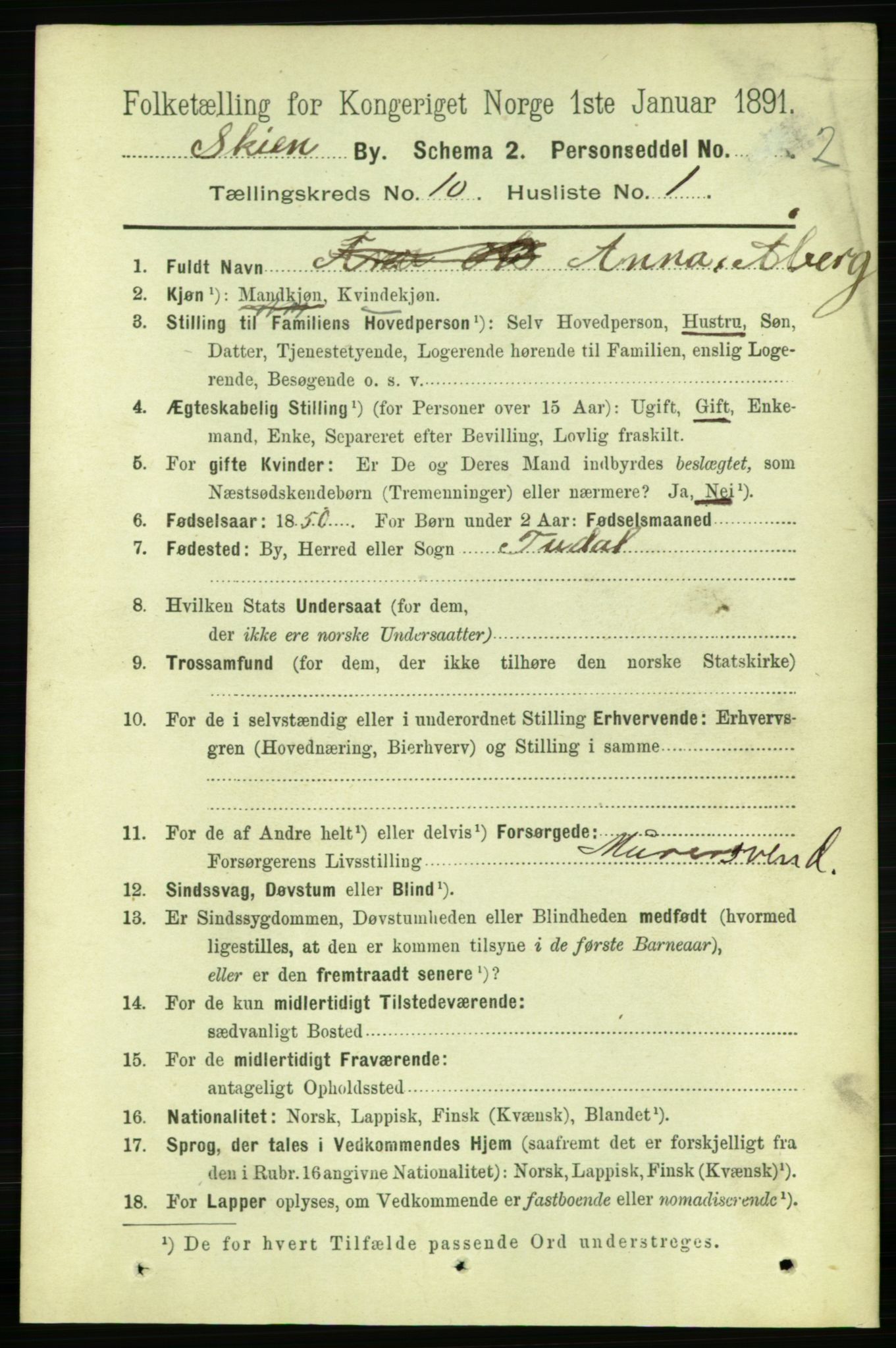 RA, 1891 census for 0806 Skien, 1891, p. 3581