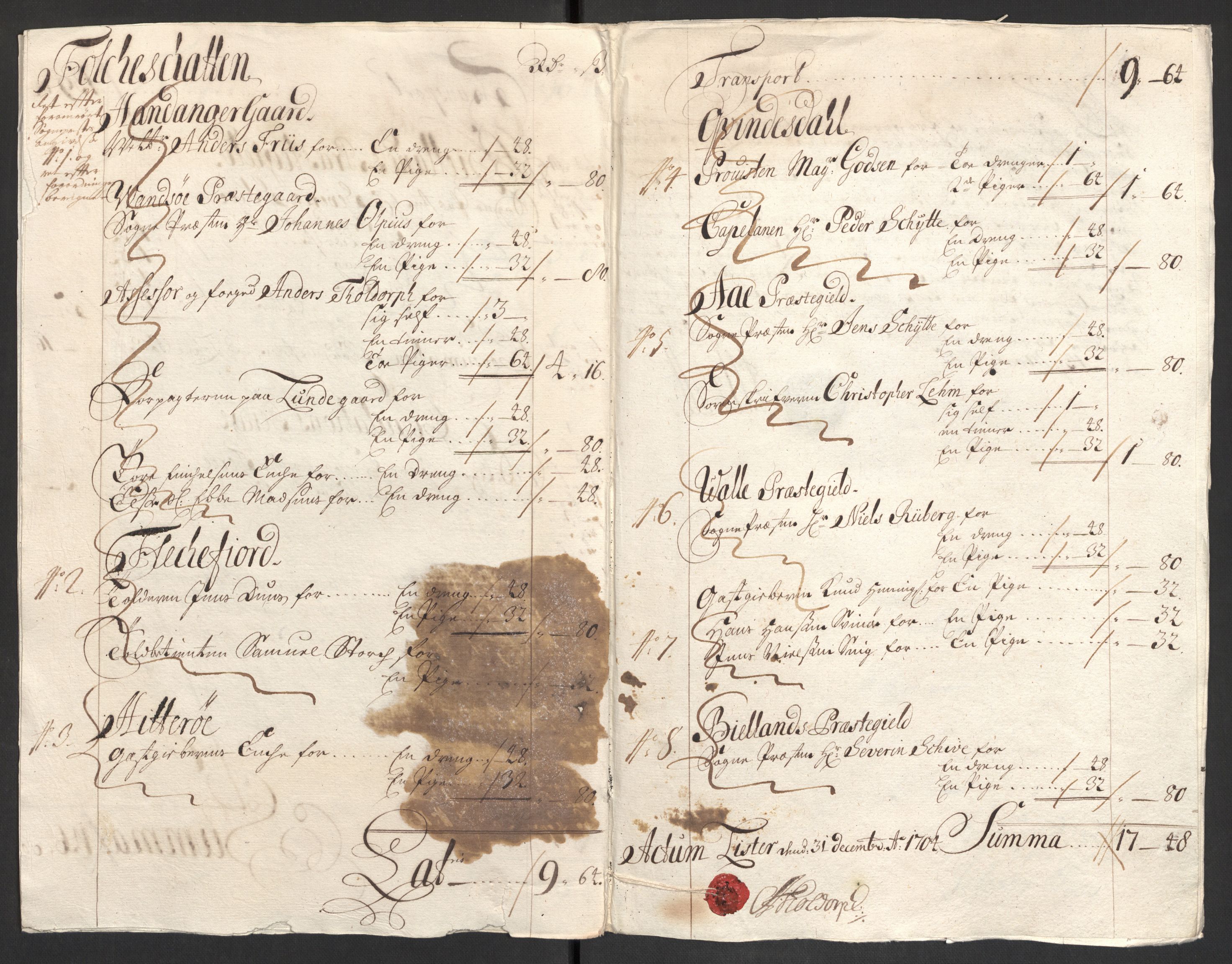 Rentekammeret inntil 1814, Reviderte regnskaper, Fogderegnskap, AV/RA-EA-4092/R43/L2550: Fogderegnskap Lista og Mandal, 1703-1704, p. 276