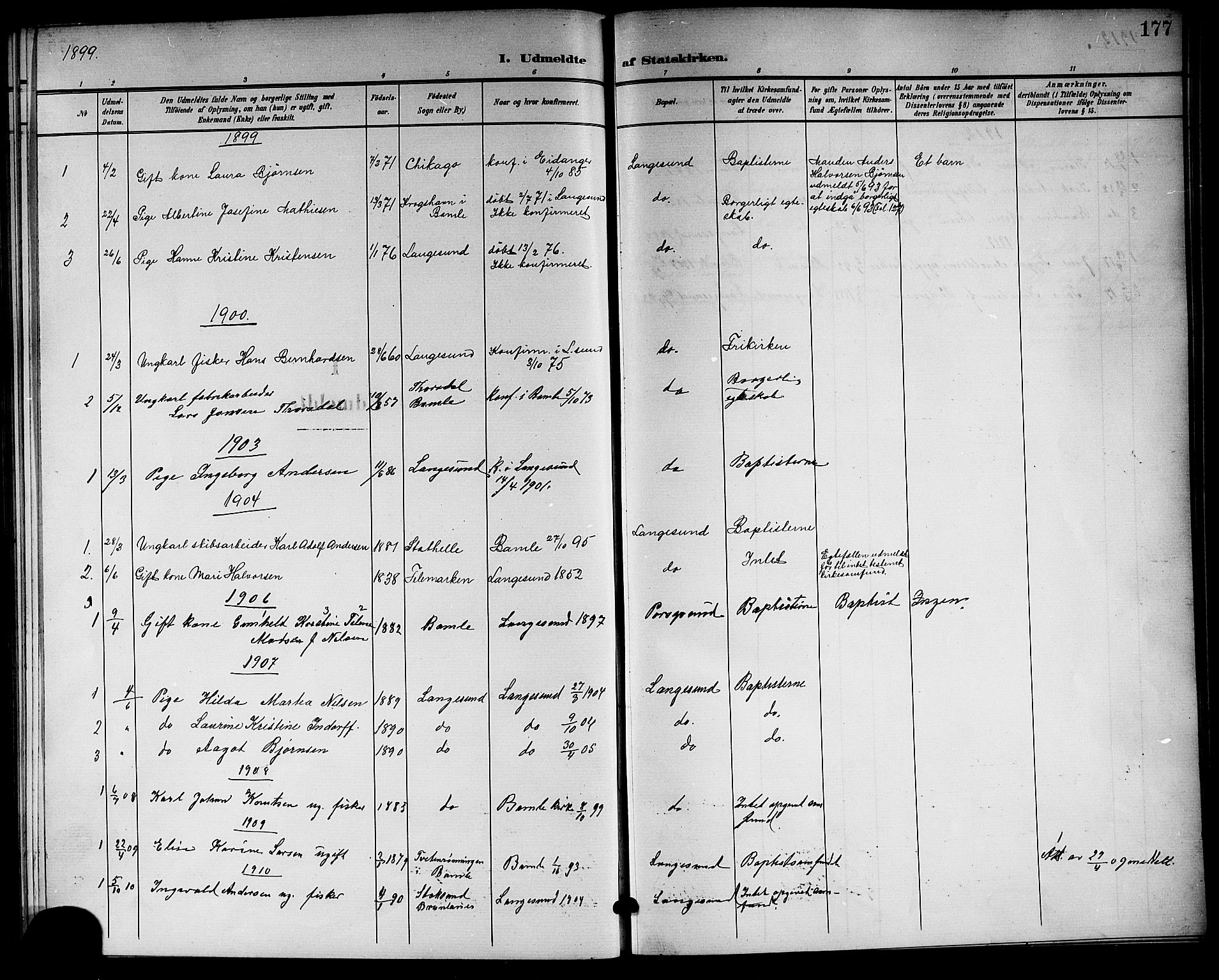 Langesund kirkebøker, AV/SAKO-A-280/G/Ga/L0006: Parish register (copy) no. 6, 1899-1918, p. 177