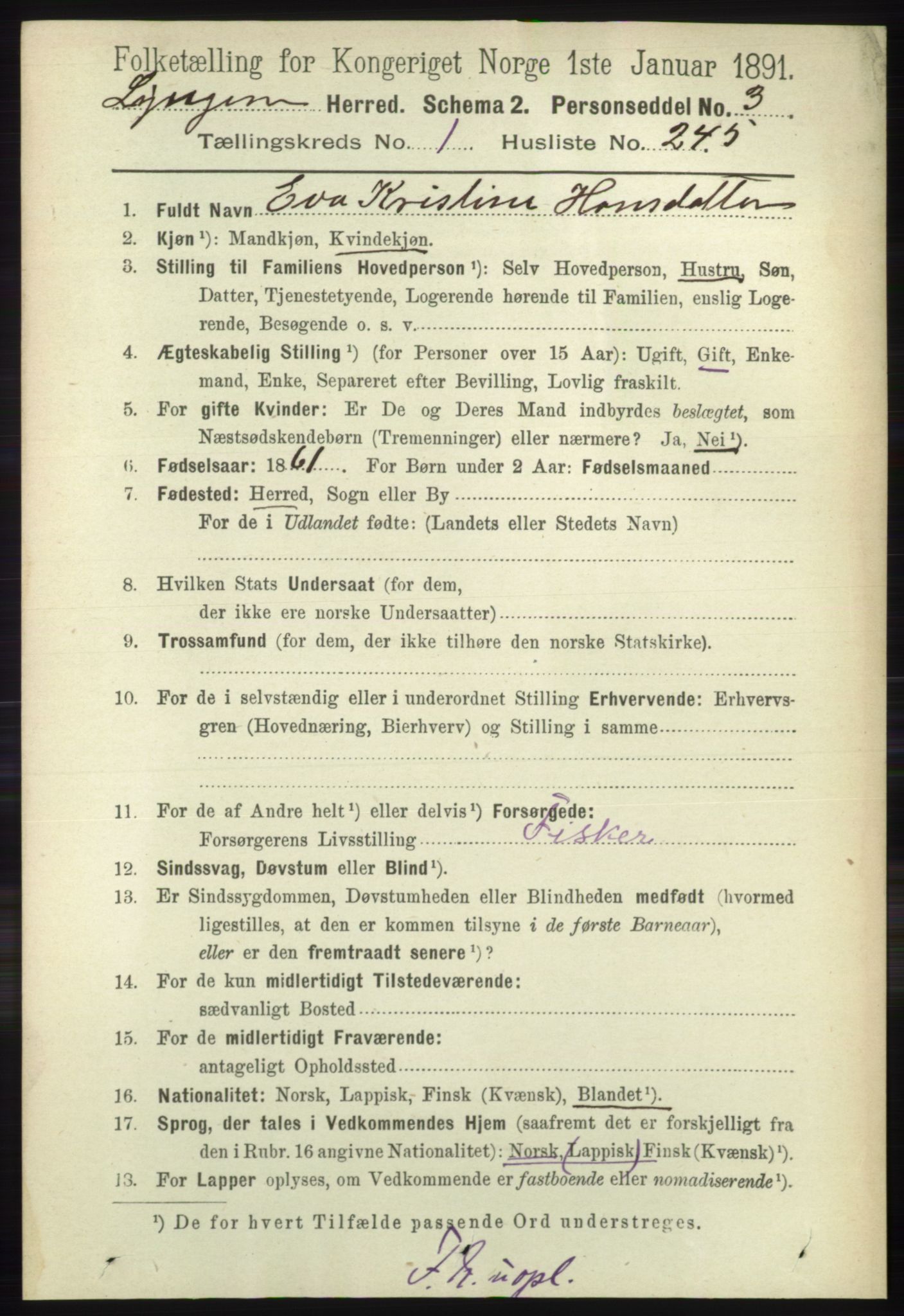 RA, 1891 census for 1938 Lyngen, 1891, p. 1907
