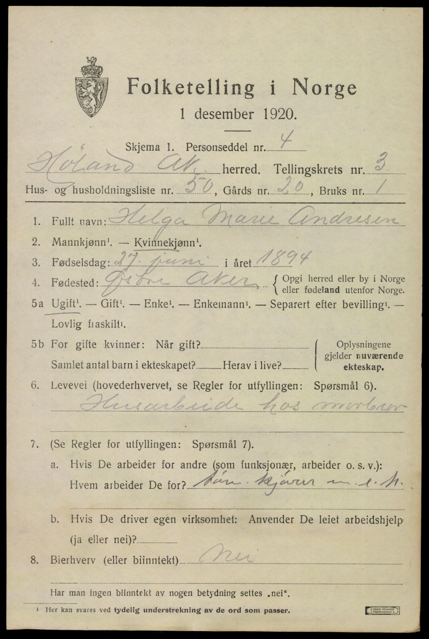 SAO, 1920 census for Høland, 1920, p. 5603