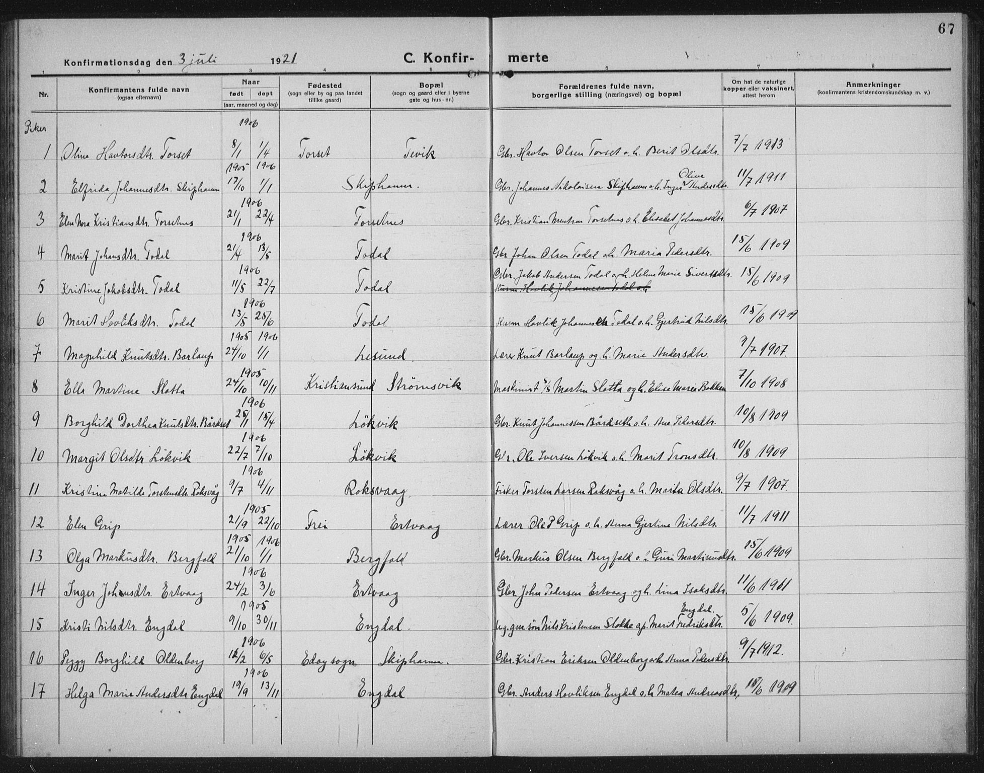 Ministerialprotokoller, klokkerbøker og fødselsregistre - Møre og Romsdal, AV/SAT-A-1454/578/L0911: Parish register (copy) no. 578C04, 1921-1940, p. 67