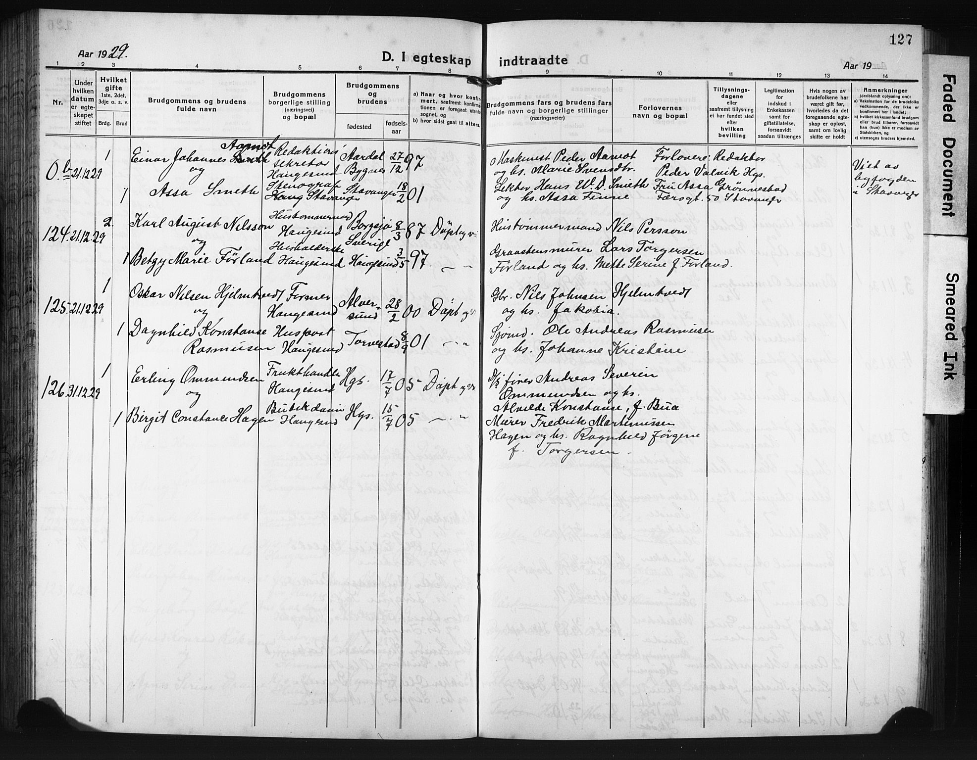 Haugesund sokneprestkontor, AV/SAST-A -101863/H/Ha/Hab/L0010: Parish register (copy) no. B 10, 1920-1931, p. 127