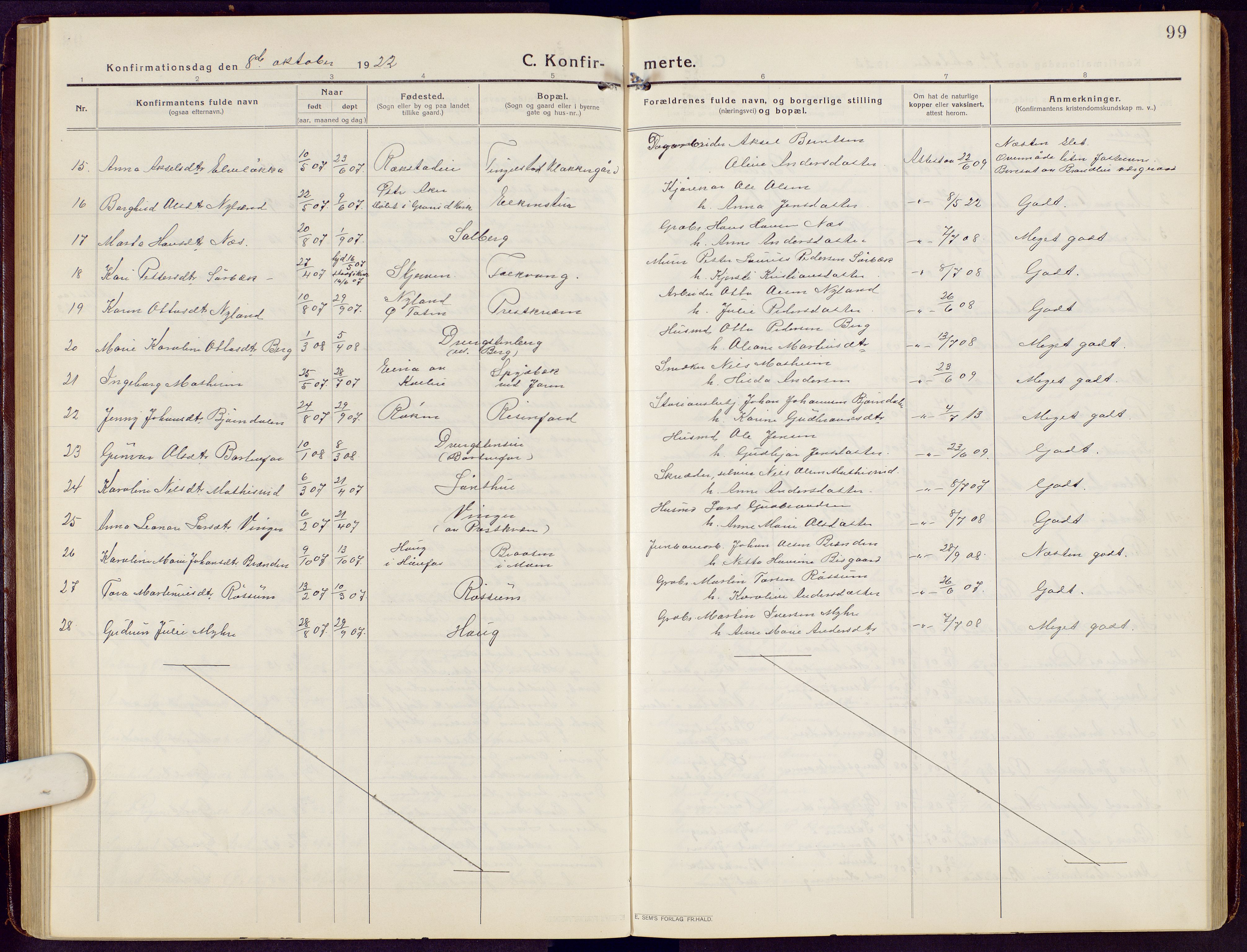 Brandbu prestekontor, SAH/PREST-114/H/Ha/Hab/L0010: Parish register (copy) no. 10, 1916-1930, p. 99