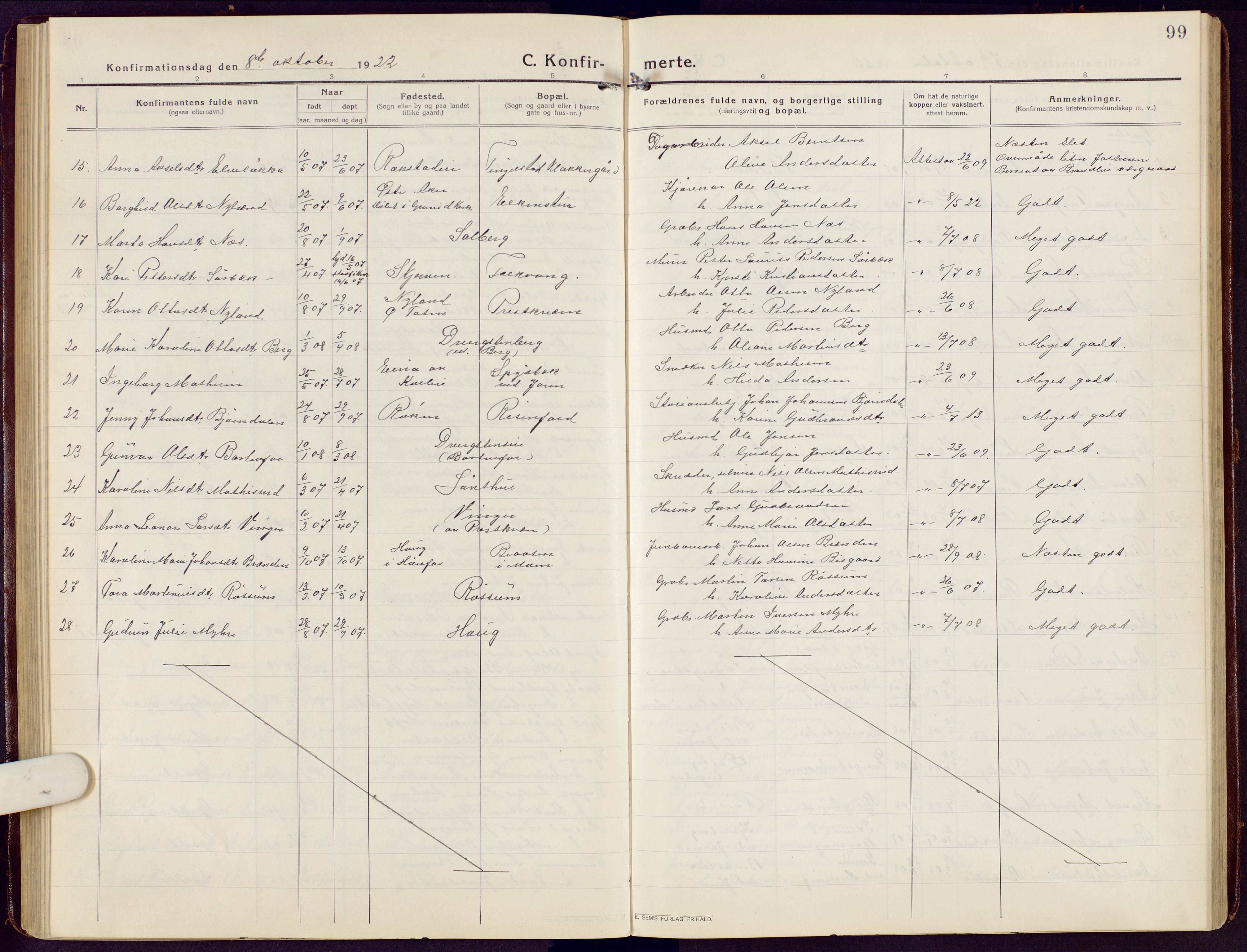 Brandbu prestekontor, AV/SAH-PREST-114/H/Ha/Hab/L0010: Parish register (copy) no. 10, 1916-1930, p. 99