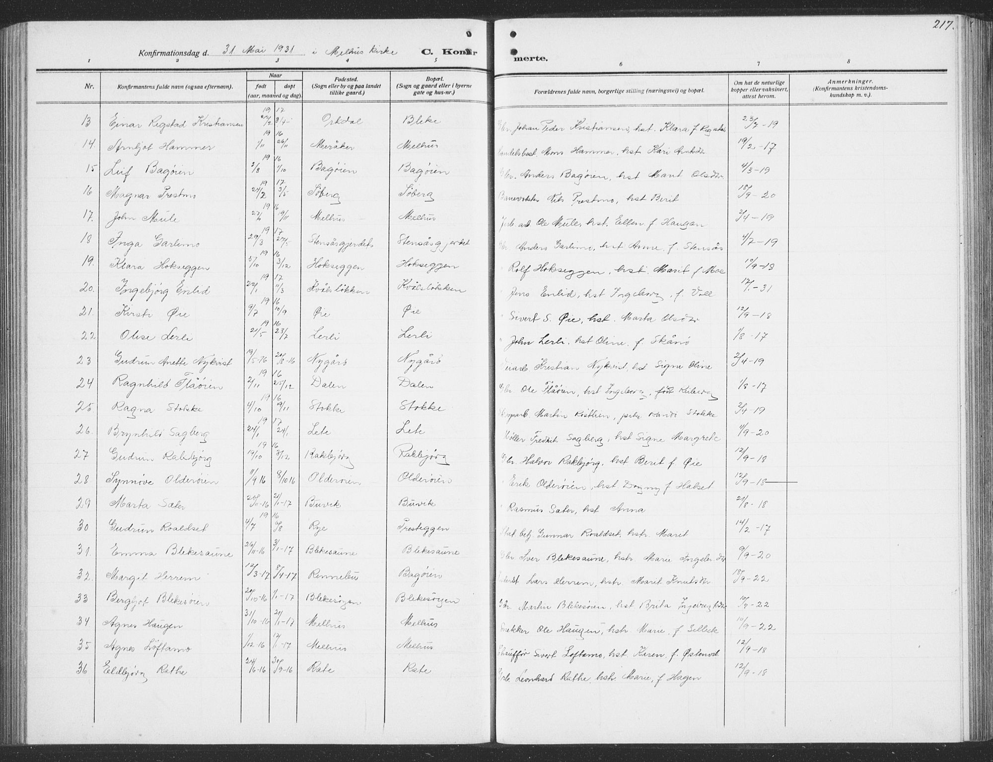 Ministerialprotokoller, klokkerbøker og fødselsregistre - Sør-Trøndelag, SAT/A-1456/691/L1095: Parish register (copy) no. 691C06, 1912-1933, p. 217