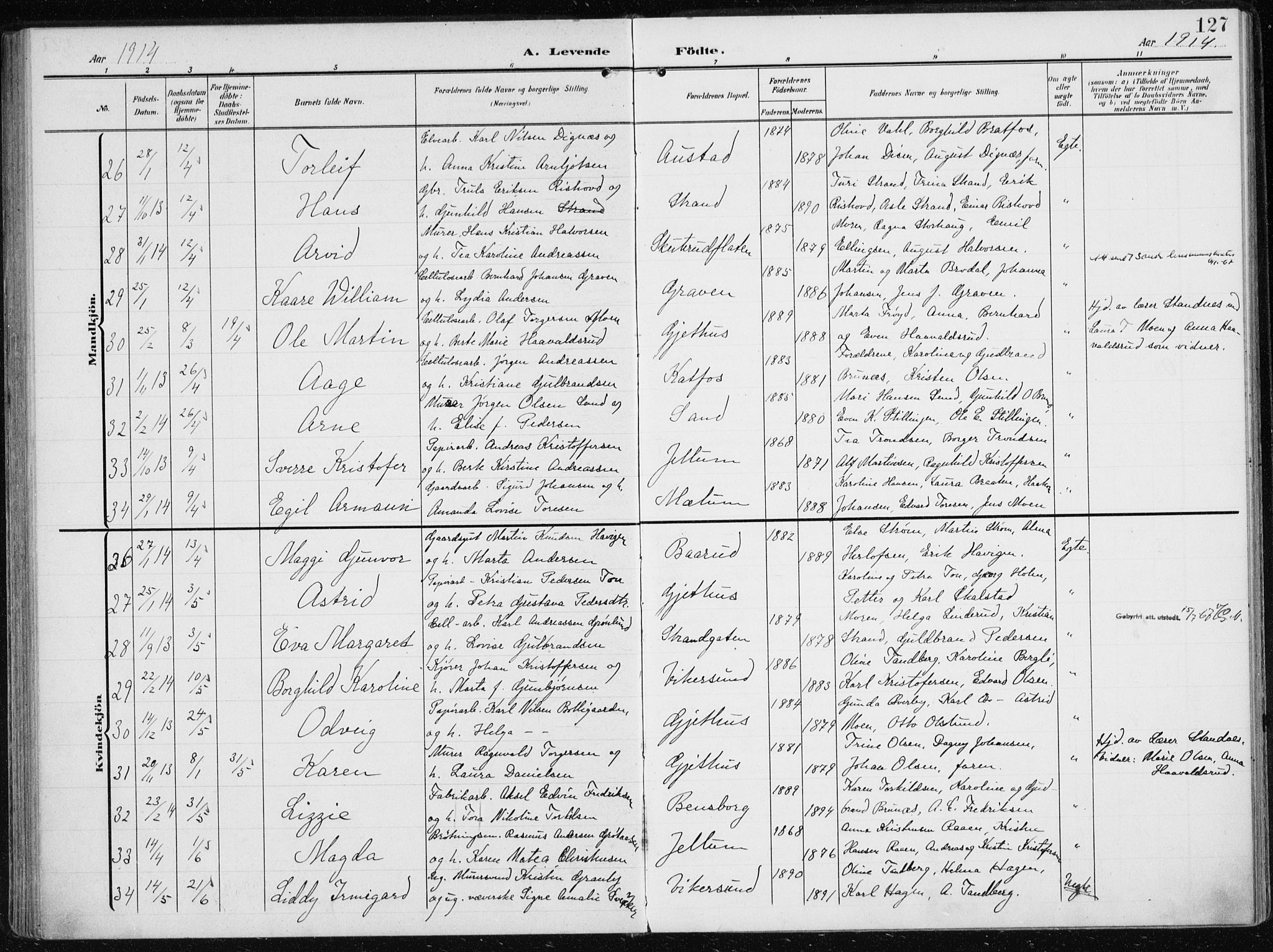 Modum kirkebøker, AV/SAKO-A-234/F/Fa/L0014a: Parish register (official) no. 14A, 1906-1918, p. 127