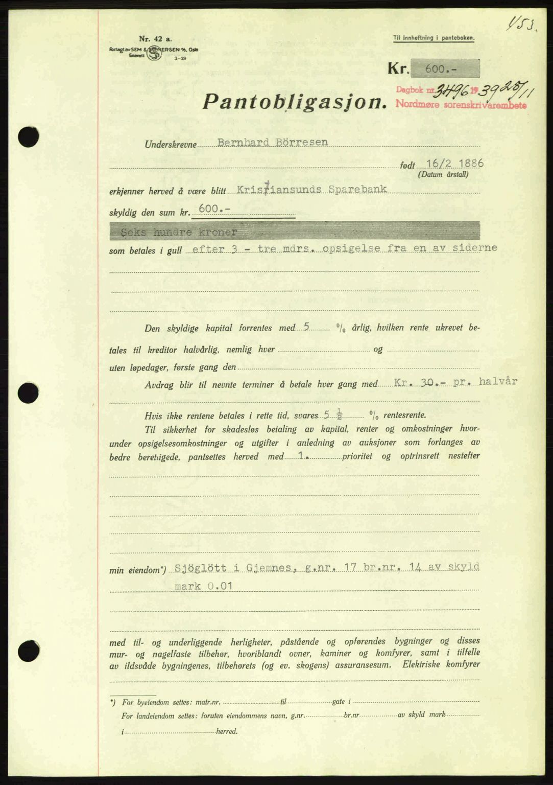 Nordmøre sorenskriveri, AV/SAT-A-4132/1/2/2Ca: Mortgage book no. B86, 1939-1940, Diary no: : 3496/1939