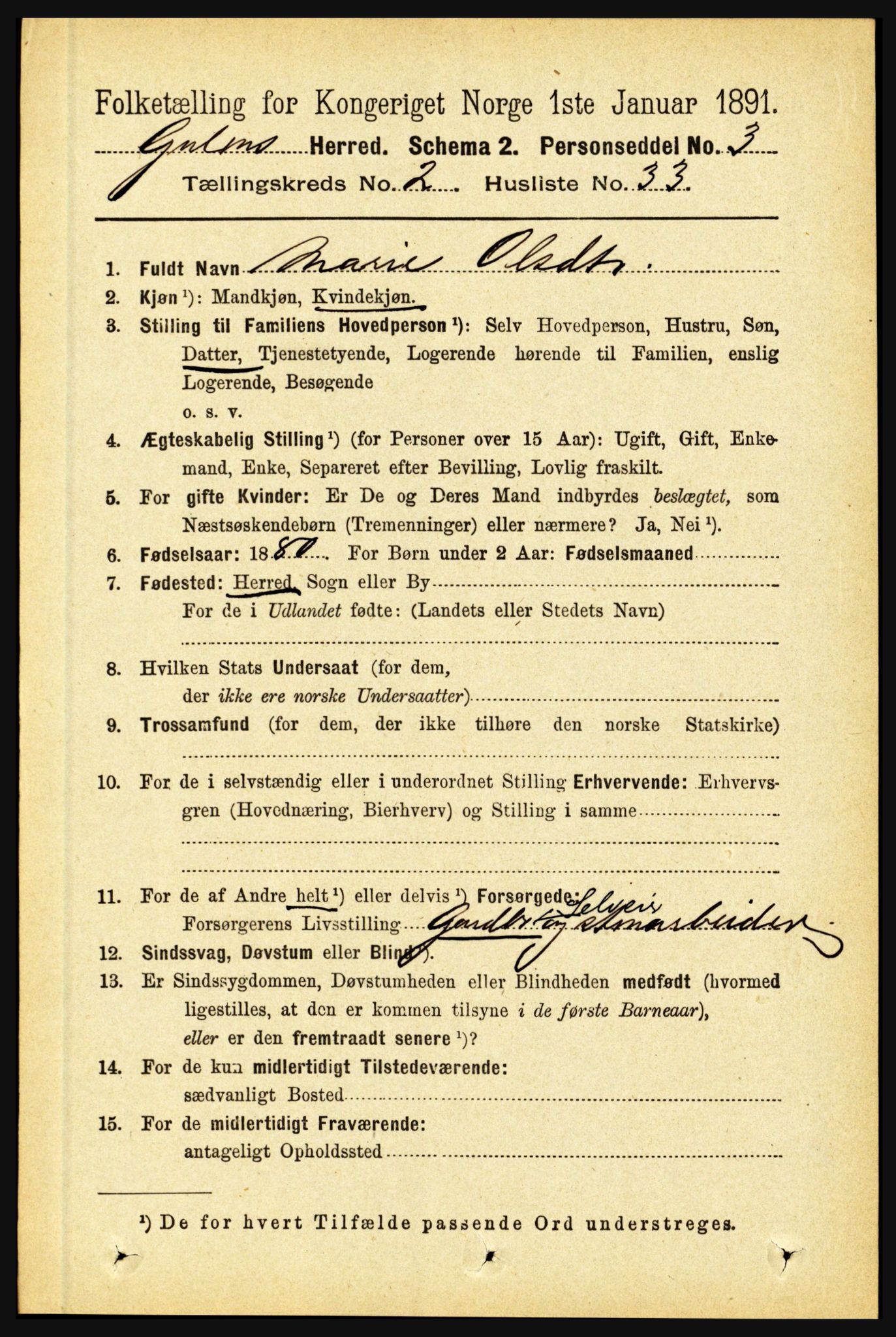 RA, 1891 census for 1411 Gulen, 1891, p. 726