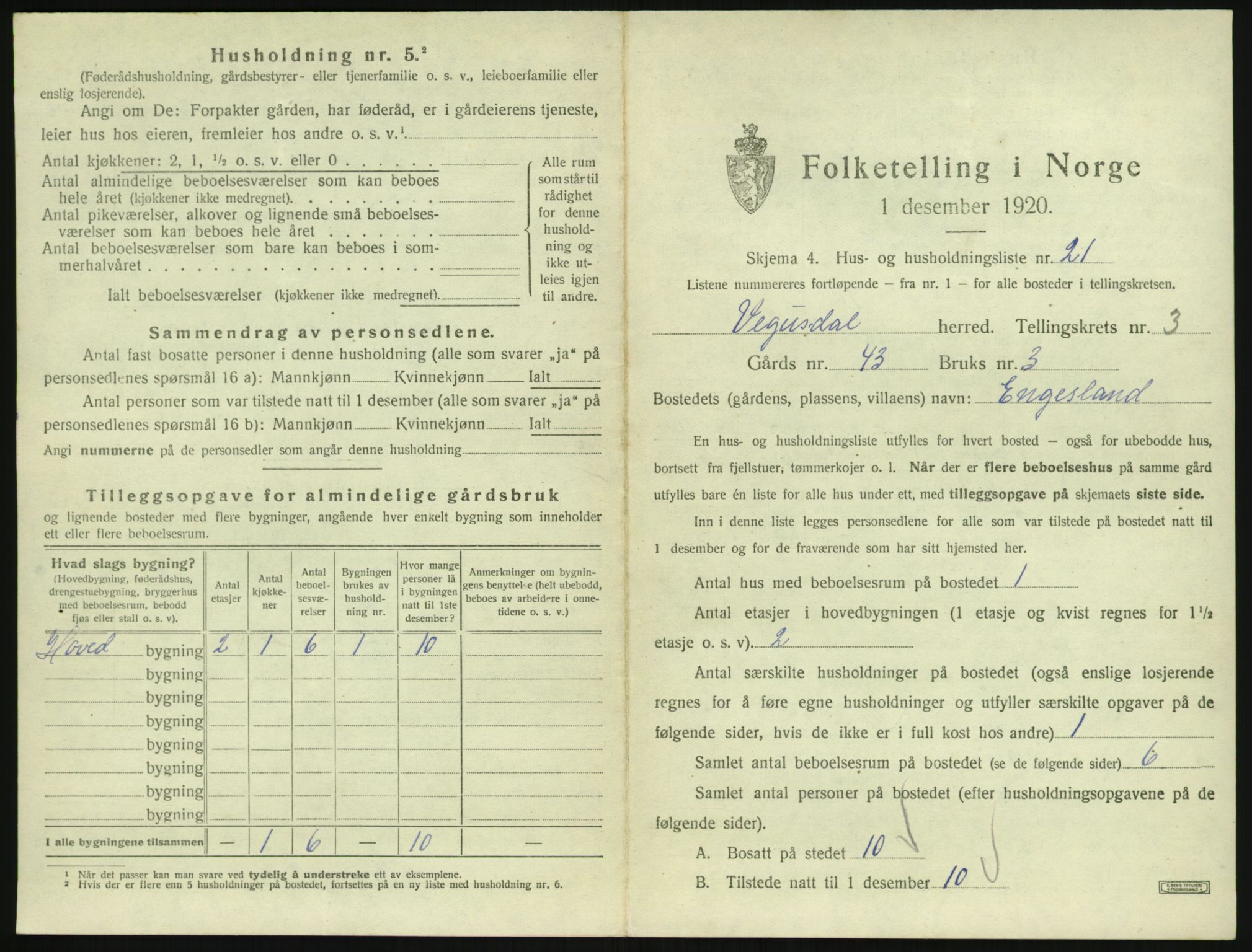 SAK, 1920 census for Vegusdal, 1920, p. 157