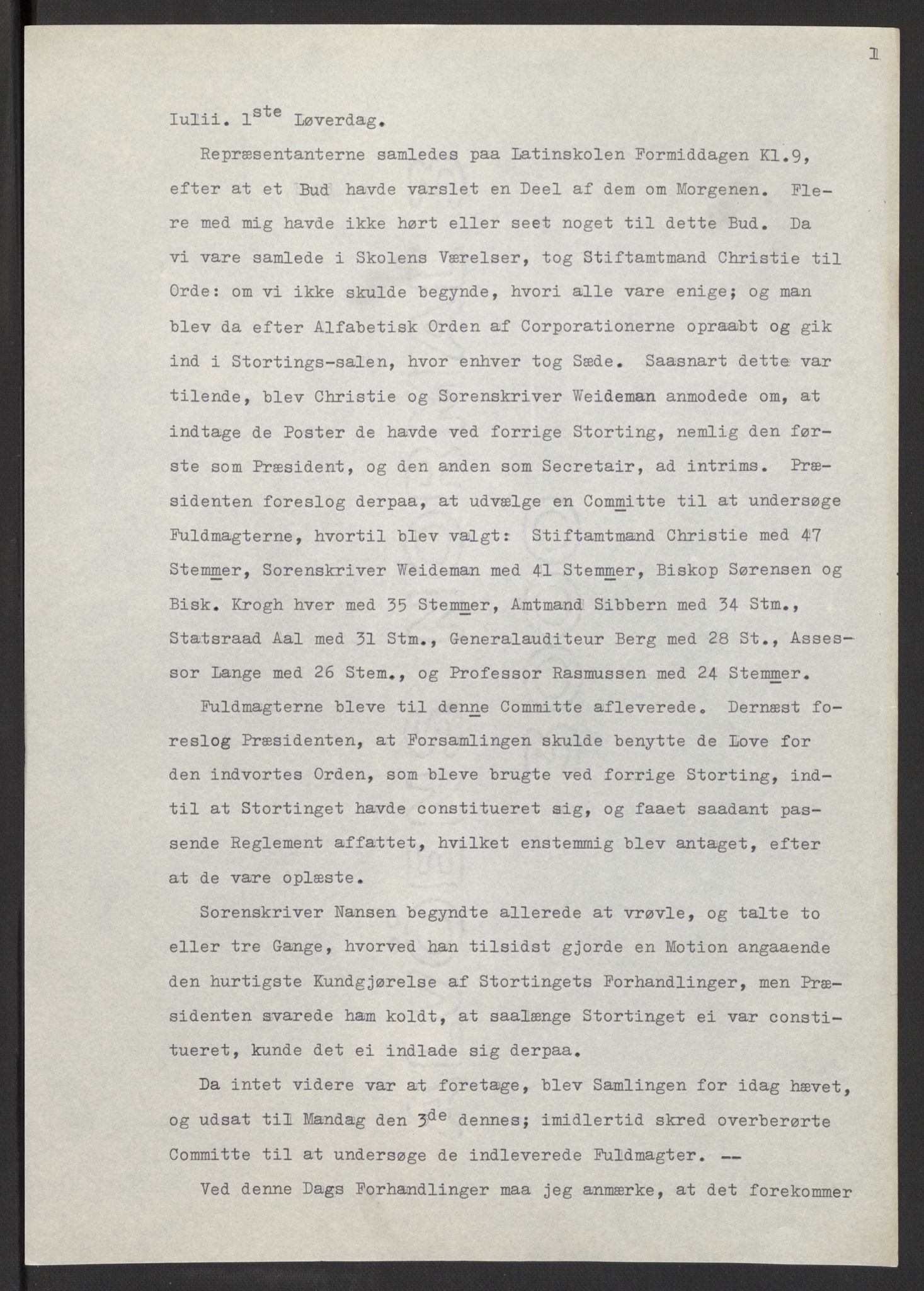 Manuskriptsamlingen, AV/RA-EA-3667/F/L0197: Wetlesen, Hans Jørgen (stortingsmann, ingeniørkaptein); Referat fra Stortinget 1815-1816, 1815-1816, p. 1