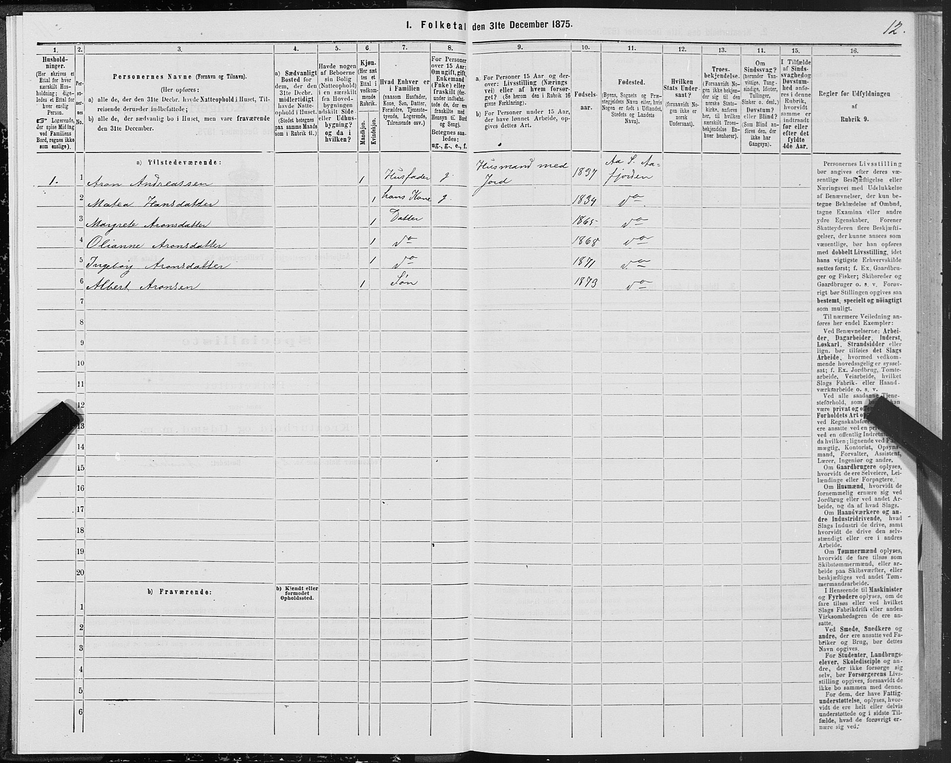 SAT, 1875 census for 1630P Aafjorden, 1875, p. 1012