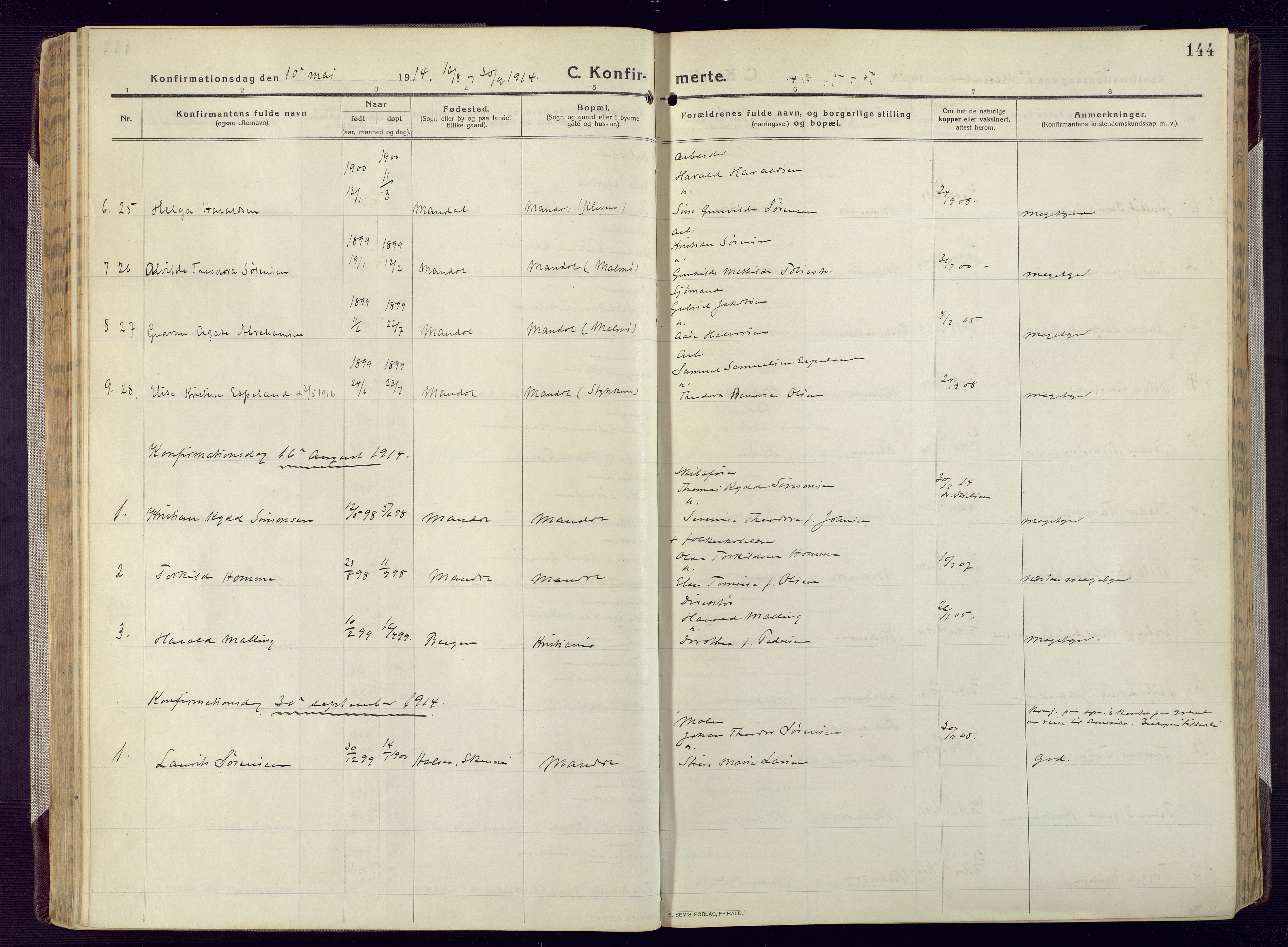 Mandal sokneprestkontor, AV/SAK-1111-0030/F/Fa/Fac/L0001: Parish register (official) no. A 1, 1913-1925, p. 144