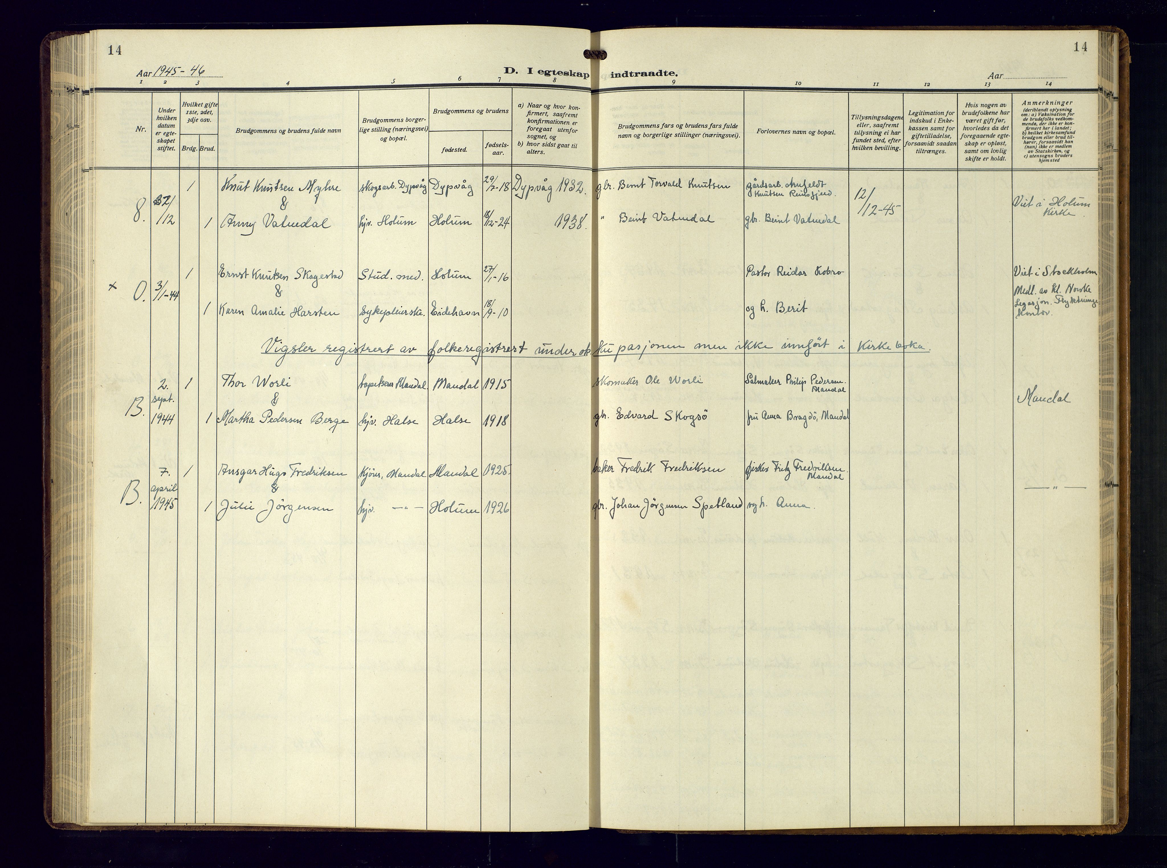 Holum sokneprestkontor, AV/SAK-1111-0022/F/Fb/Fba/L0007: Parish register (copy) no. B-7, 1933-1960, p. 14