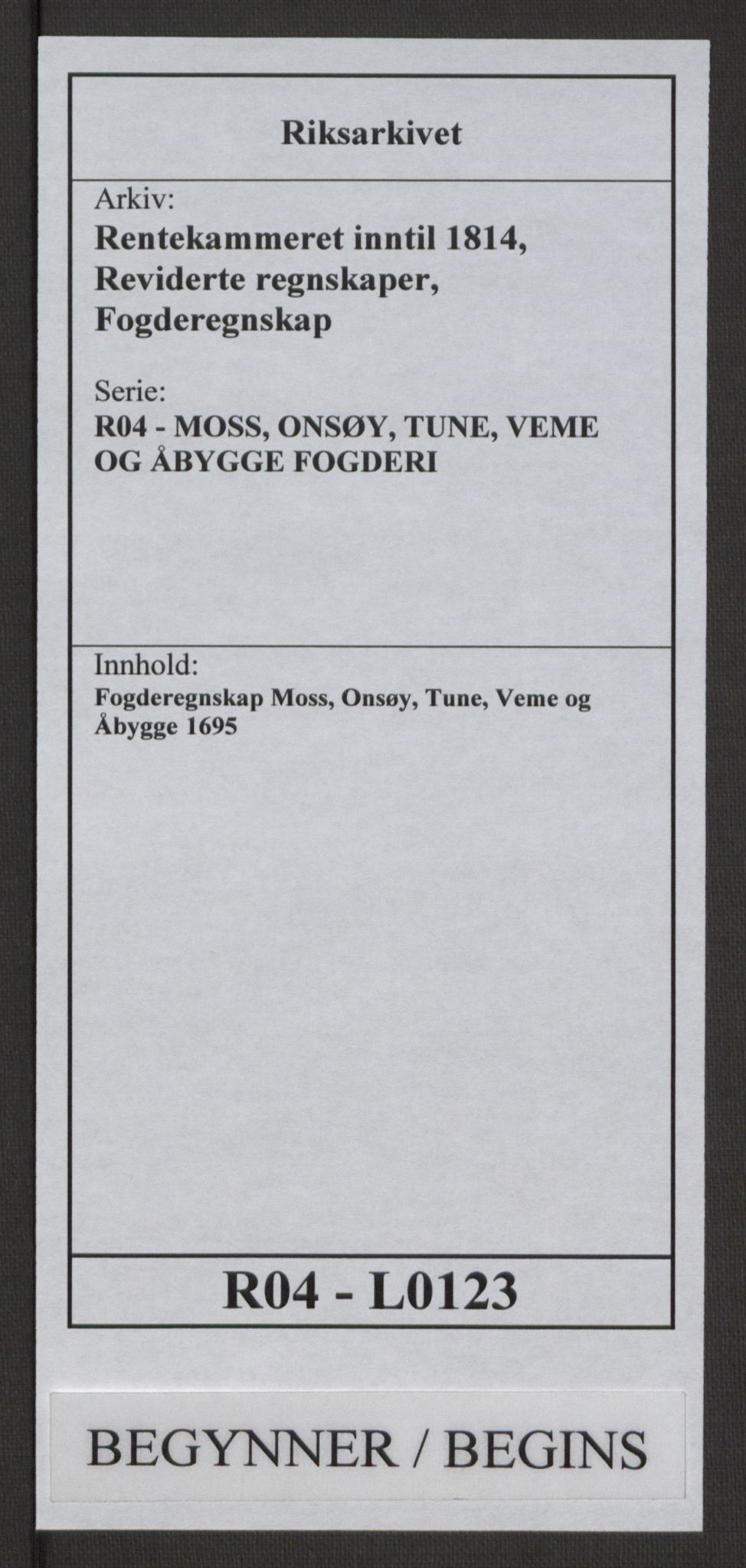 Rentekammeret inntil 1814, Reviderte regnskaper, Fogderegnskap, RA/EA-4092/R04/L0123: Fogderegnskap Moss, Onsøy, Tune, Veme og Åbygge, 1695, p. 1