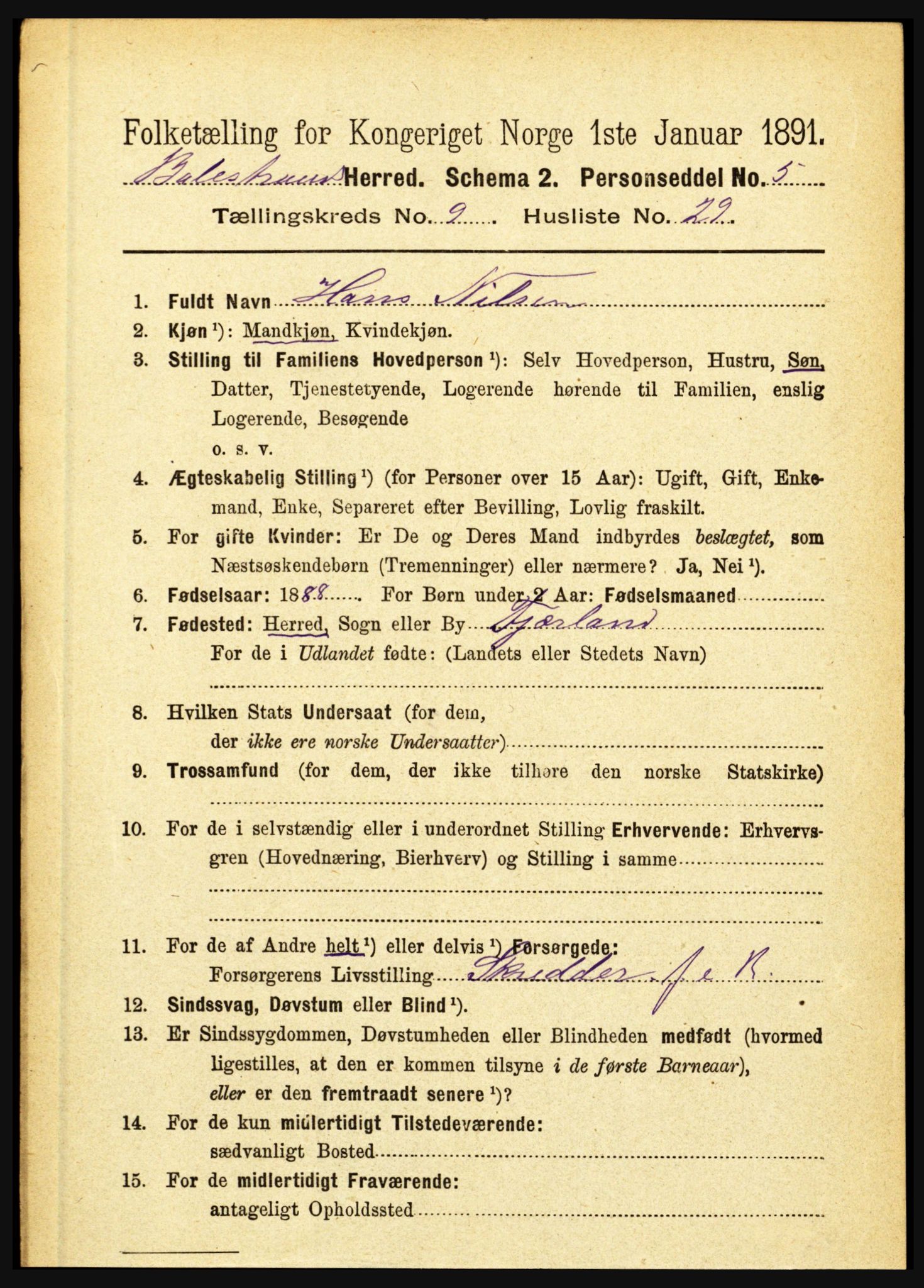 RA, 1891 census for 1418 Balestrand, 1891, p. 2219