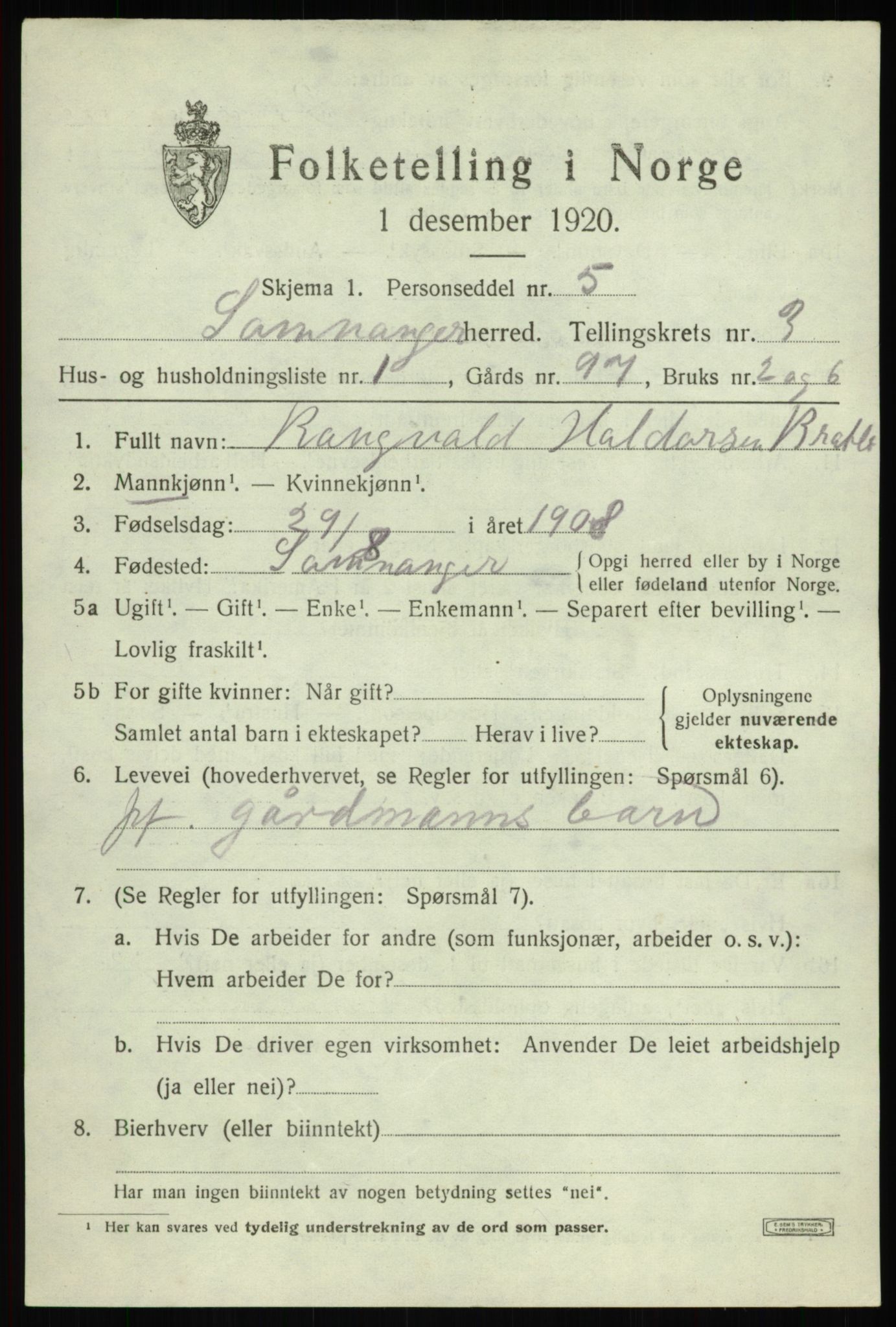 SAB, 1920 census for Samnanger, 1920, p. 1505