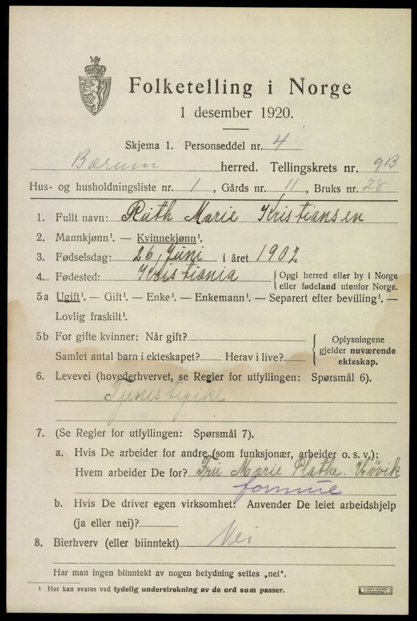 SAO, 1920 census for Bærum, 1920, p. 20384