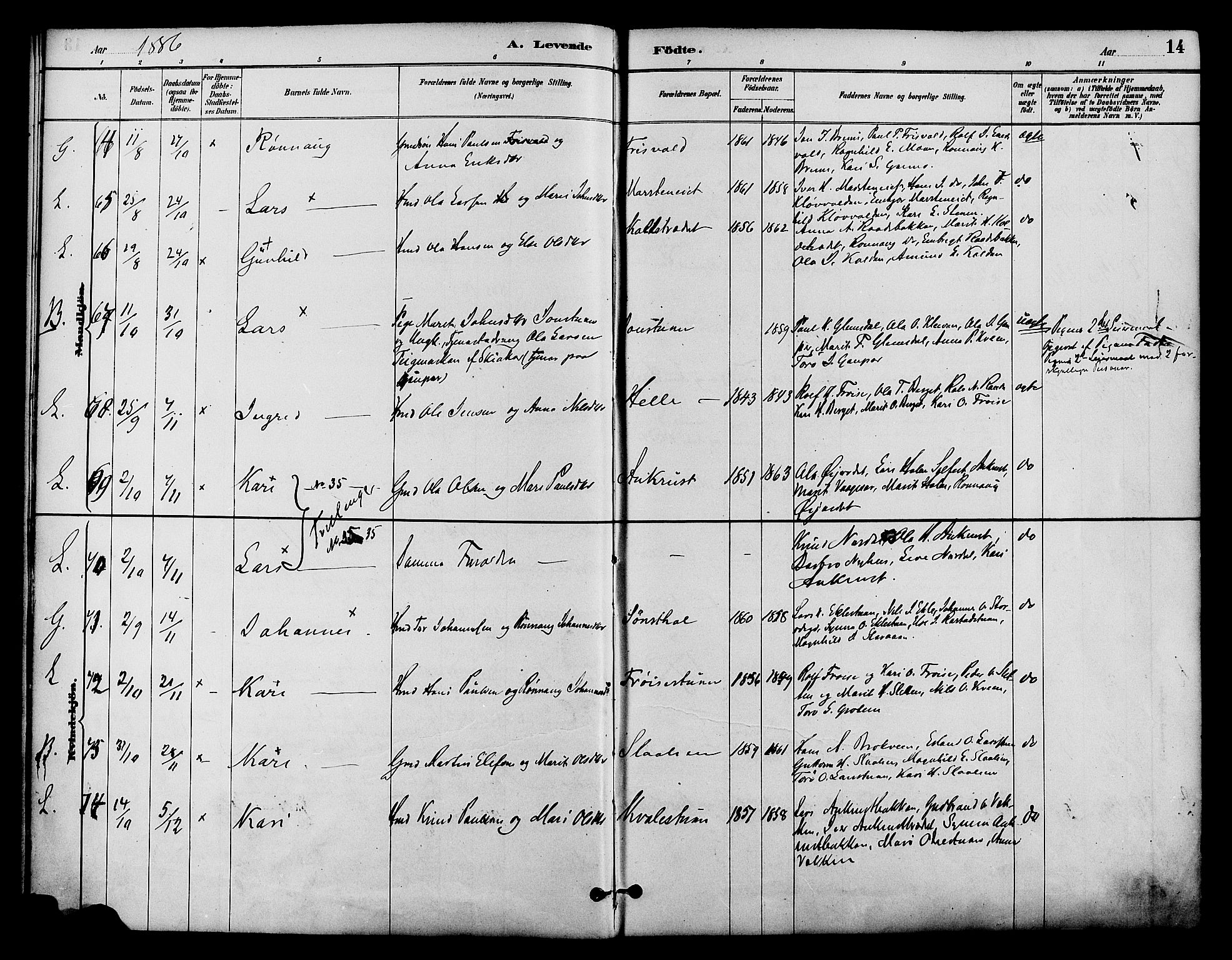 Lom prestekontor, AV/SAH-PREST-070/K/L0008: Parish register (official) no. 8, 1885-1898, p. 14