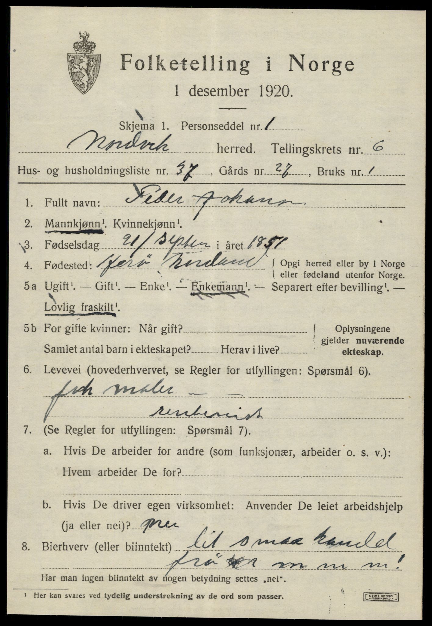 SAT, 1920 census for Nordvik, 1920, p. 2606