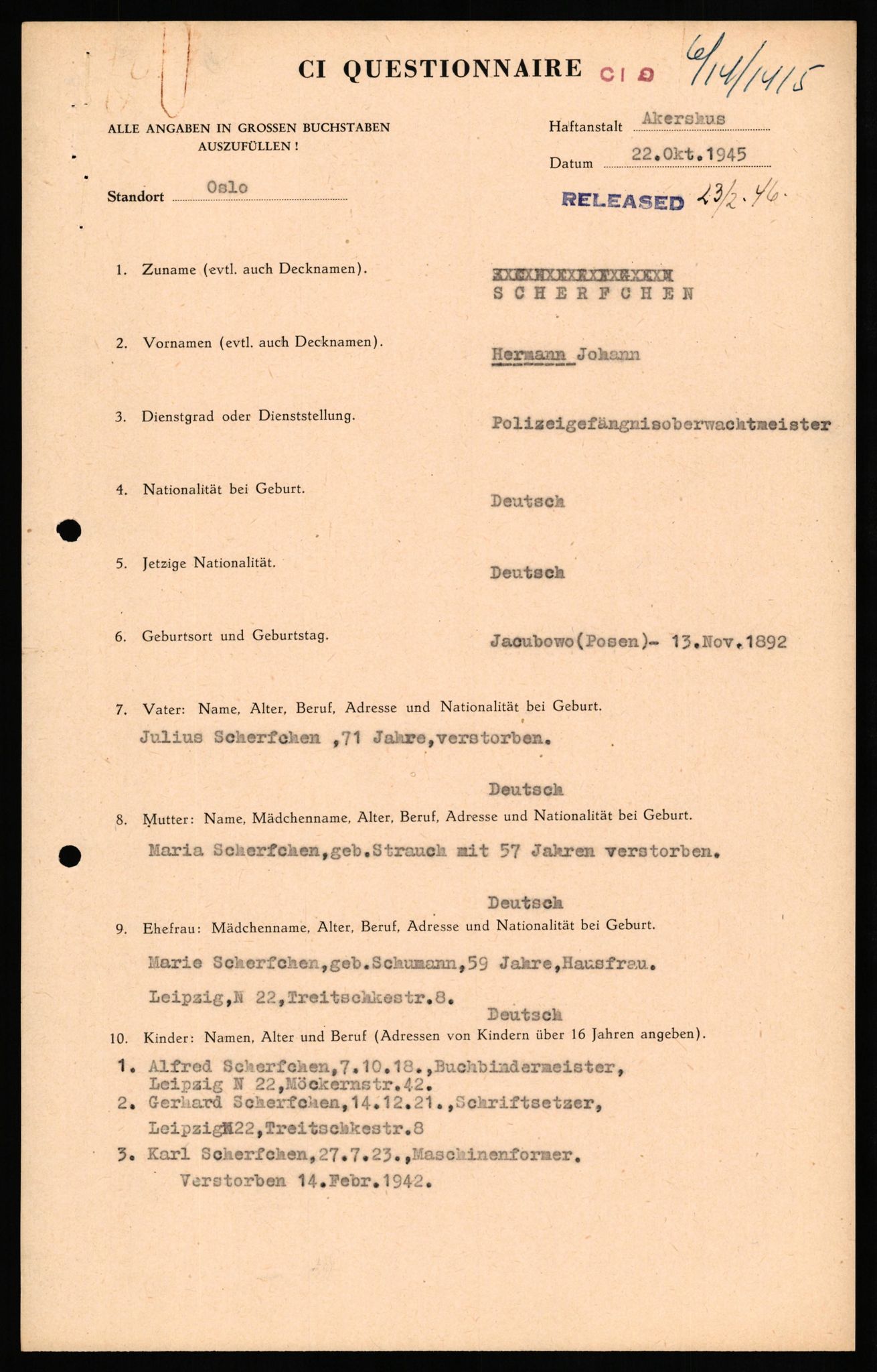 Forsvaret, Forsvarets overkommando II, RA/RAFA-3915/D/Db/L0029: CI Questionaires. Tyske okkupasjonsstyrker i Norge. Tyskere., 1945-1946, p. 141