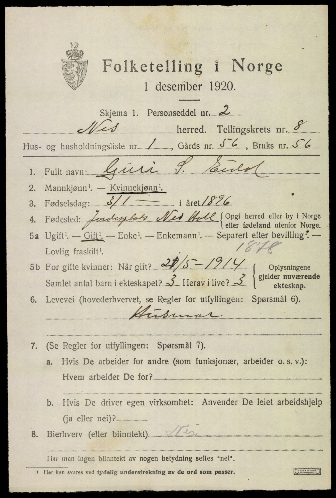 SAKO, 1920 census for Nes (Buskerud), 1920, p. 5066