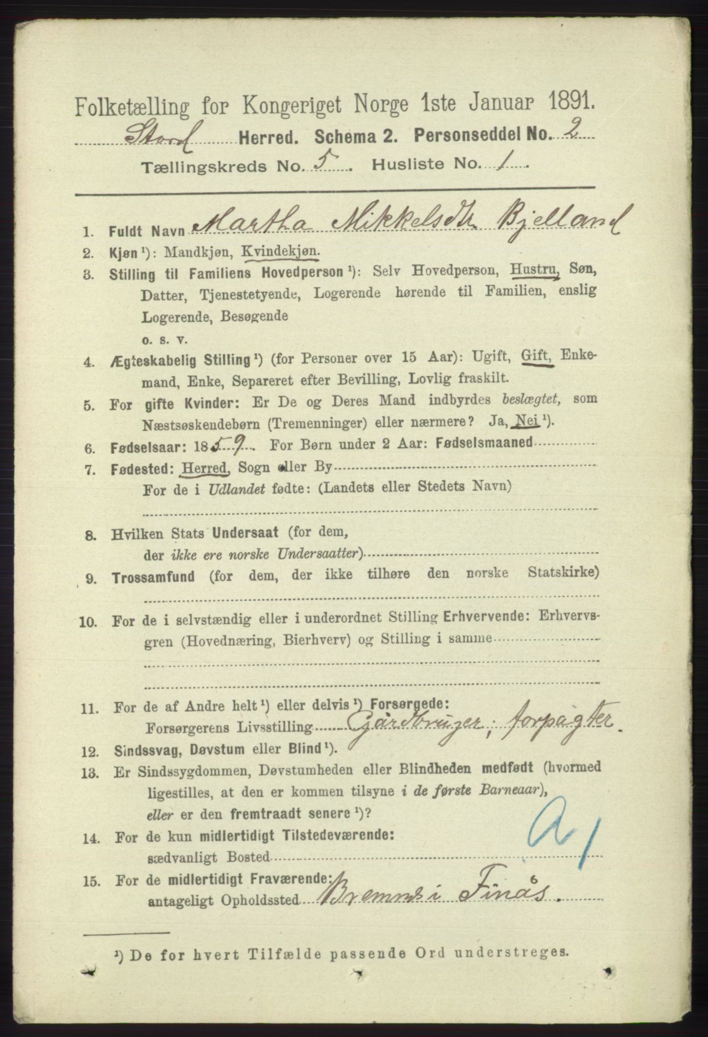 RA, 1891 census for 1221 Stord, 1891, p. 1659