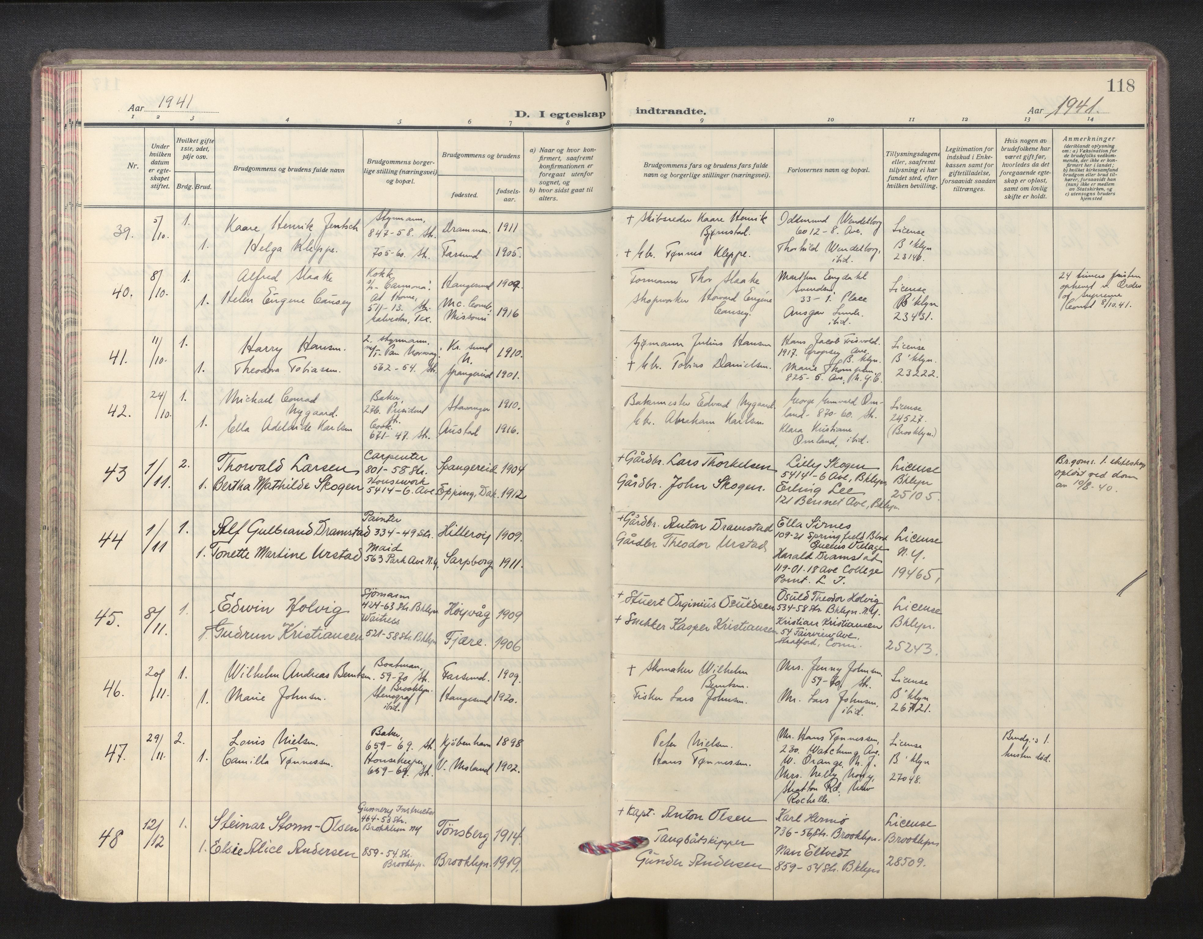 Den norske sjømannsmisjon i utlandet/New York, AV/SAB-SAB/PA-0110/H/Ha/L0009: Parish register (official) no. A 9, 1935-1945, p. 117b-118a