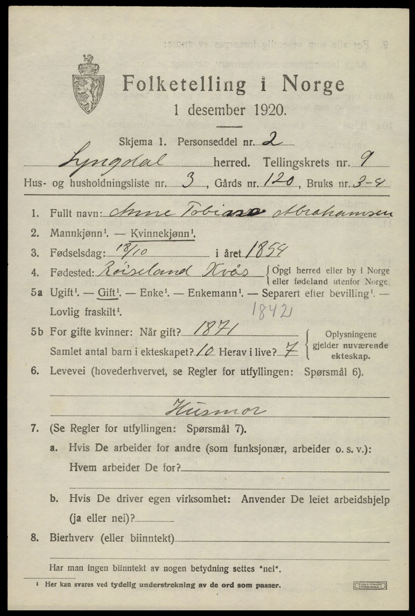 SAK, 1920 census for Lyngdal, 1920, p. 4637