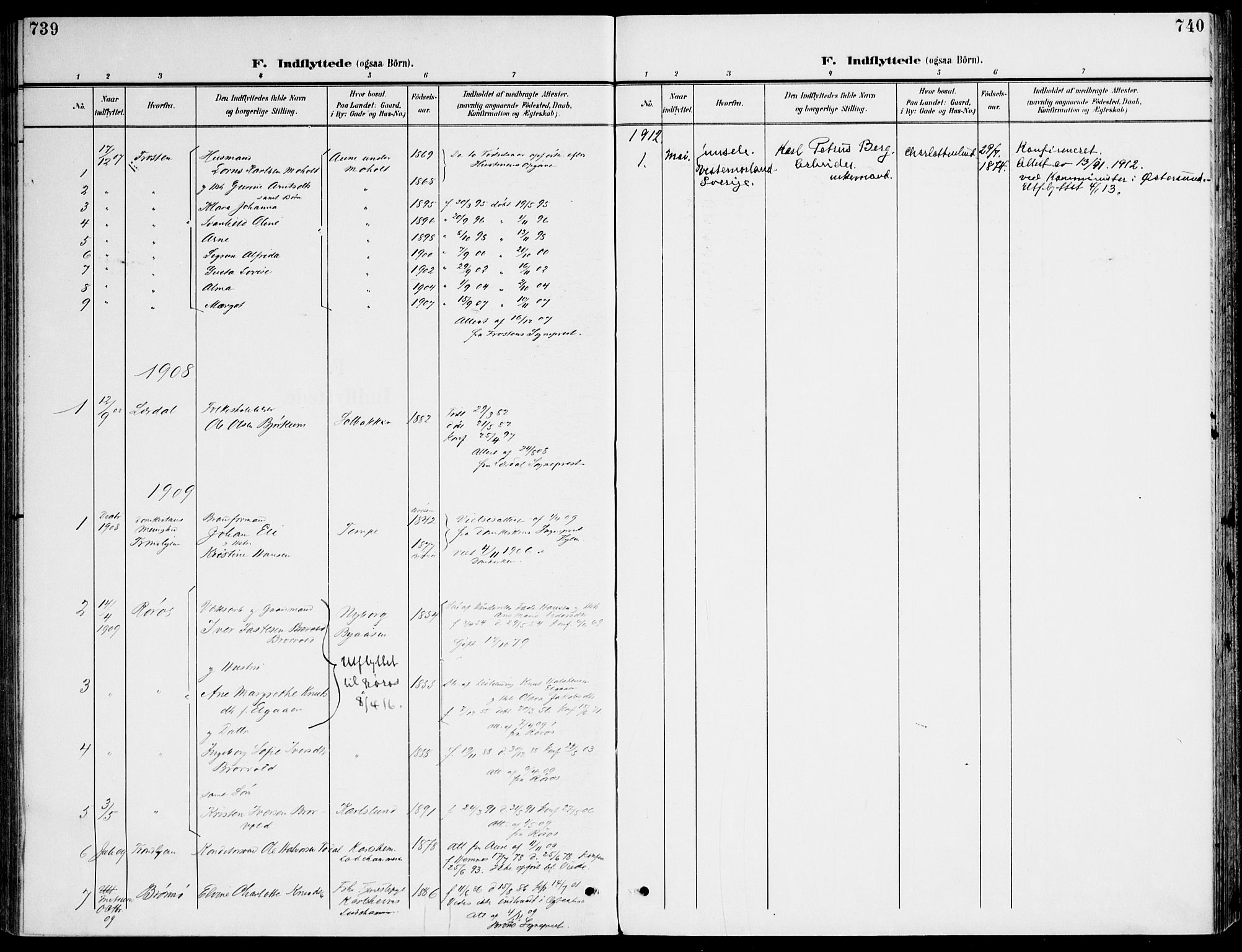 Ministerialprotokoller, klokkerbøker og fødselsregistre - Sør-Trøndelag, SAT/A-1456/607/L0320: Parish register (official) no. 607A04, 1907-1915, p. 739-740