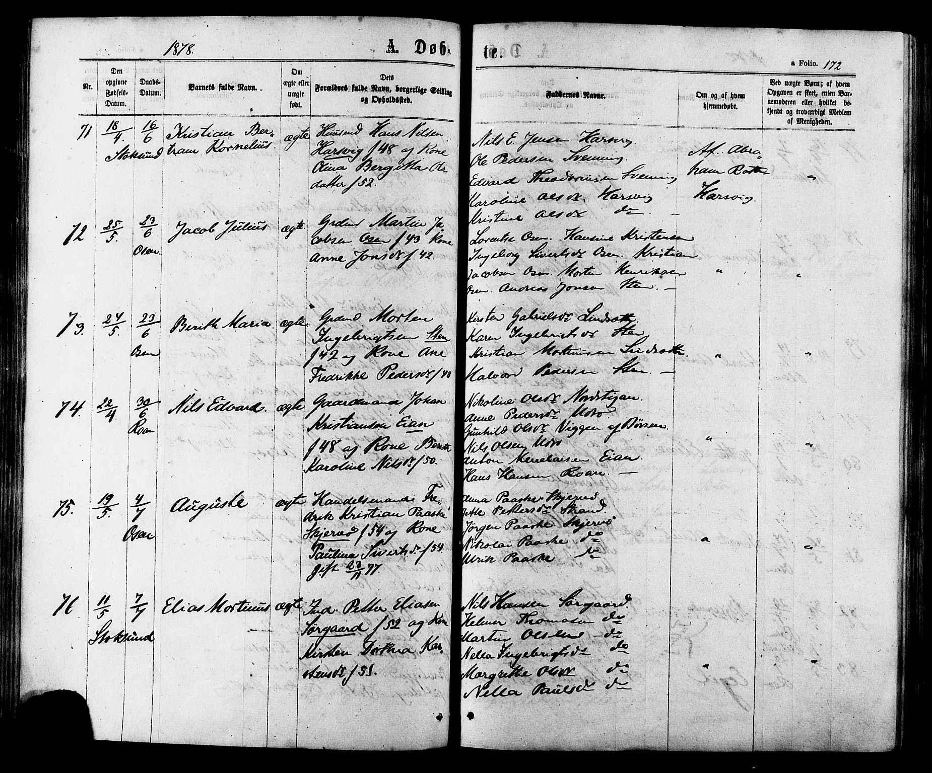 Ministerialprotokoller, klokkerbøker og fødselsregistre - Sør-Trøndelag, AV/SAT-A-1456/657/L0706: Parish register (official) no. 657A07, 1867-1878, p. 172