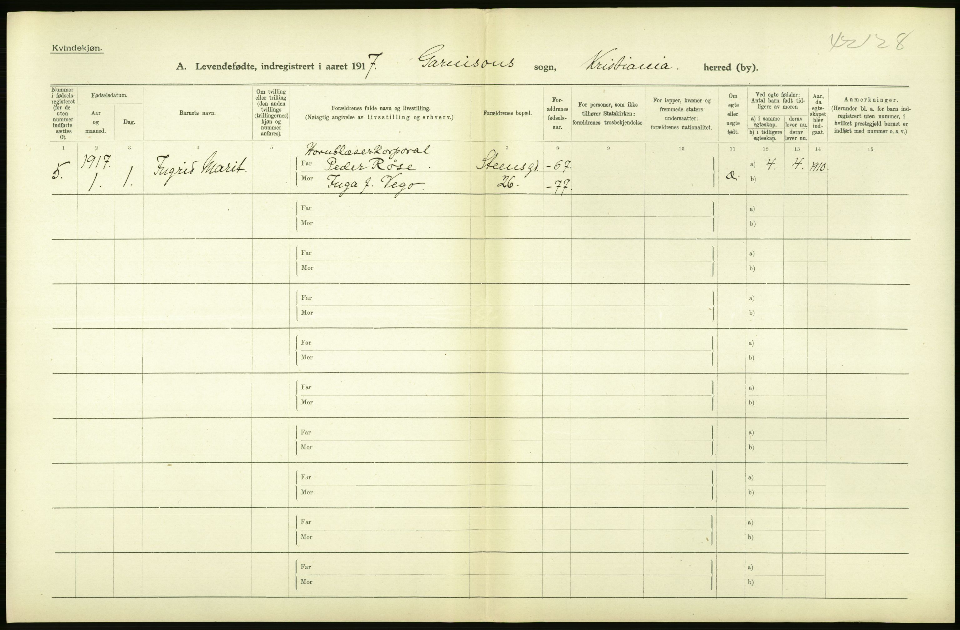 Statistisk sentralbyrå, Sosiodemografiske emner, Befolkning, AV/RA-S-2228/D/Df/Dfb/Dfbg/L0007: Kristiania: Levendefødte menn og kvinner., 1917, p. 68