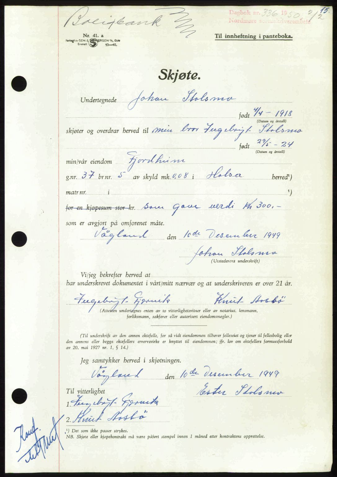 Nordmøre sorenskriveri, AV/SAT-A-4132/1/2/2Ca: Mortgage book no. A114, 1950-1950, Diary no: : 336/1950