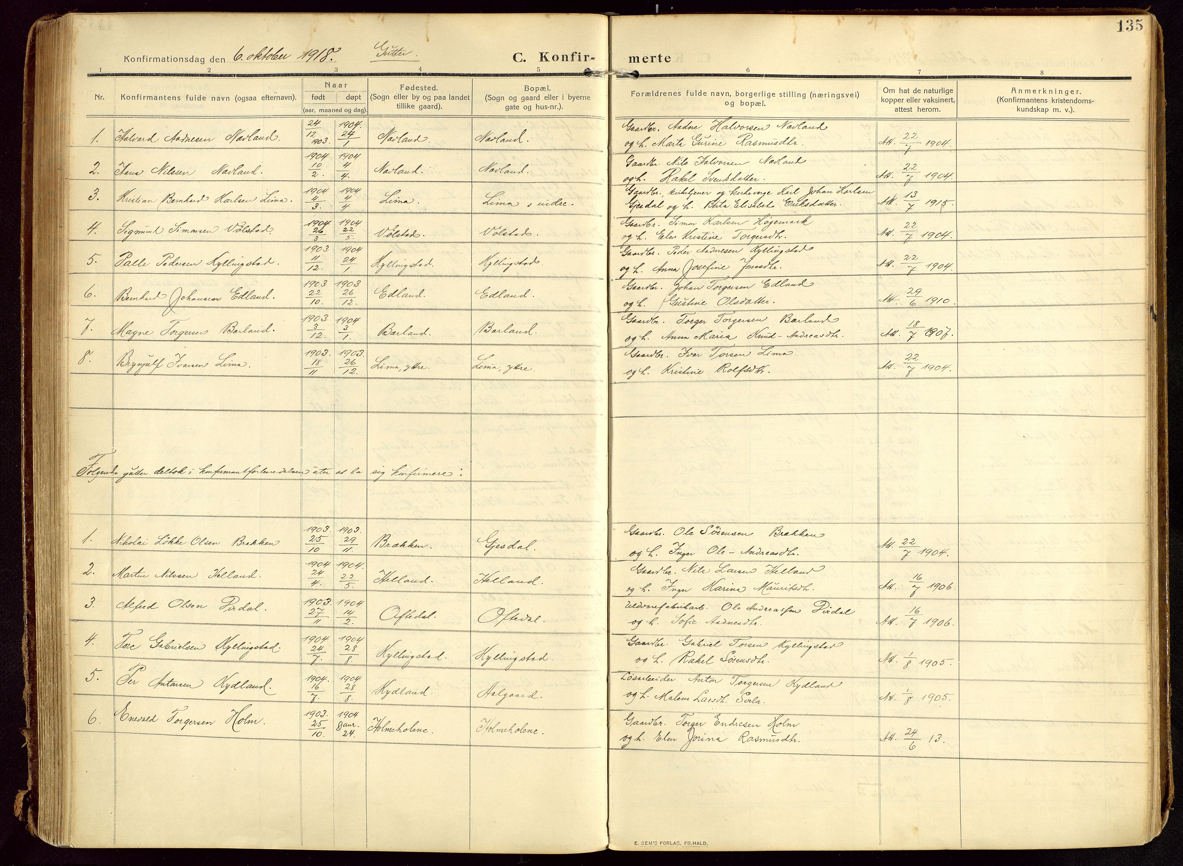 Lye sokneprestkontor, AV/SAST-A-101794/002/B/L0001: Parish register (official) no. A 13, 1910-1925, p. 135