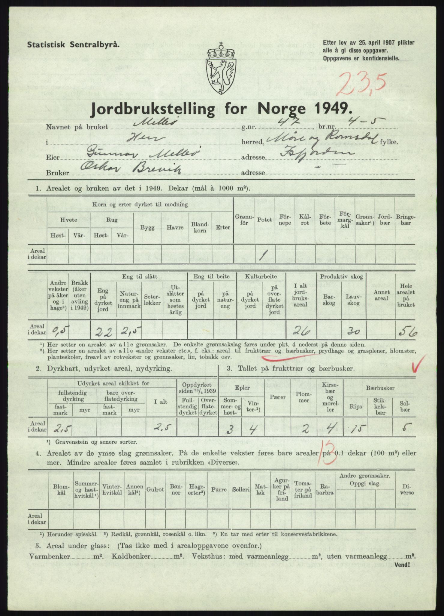 Statistisk sentralbyrå, Næringsøkonomiske emner, Jordbruk, skogbruk, jakt, fiske og fangst, AV/RA-S-2234/G/Gc/L0323: Møre og Romsdal: Grytten og Hen, 1949, p. 677