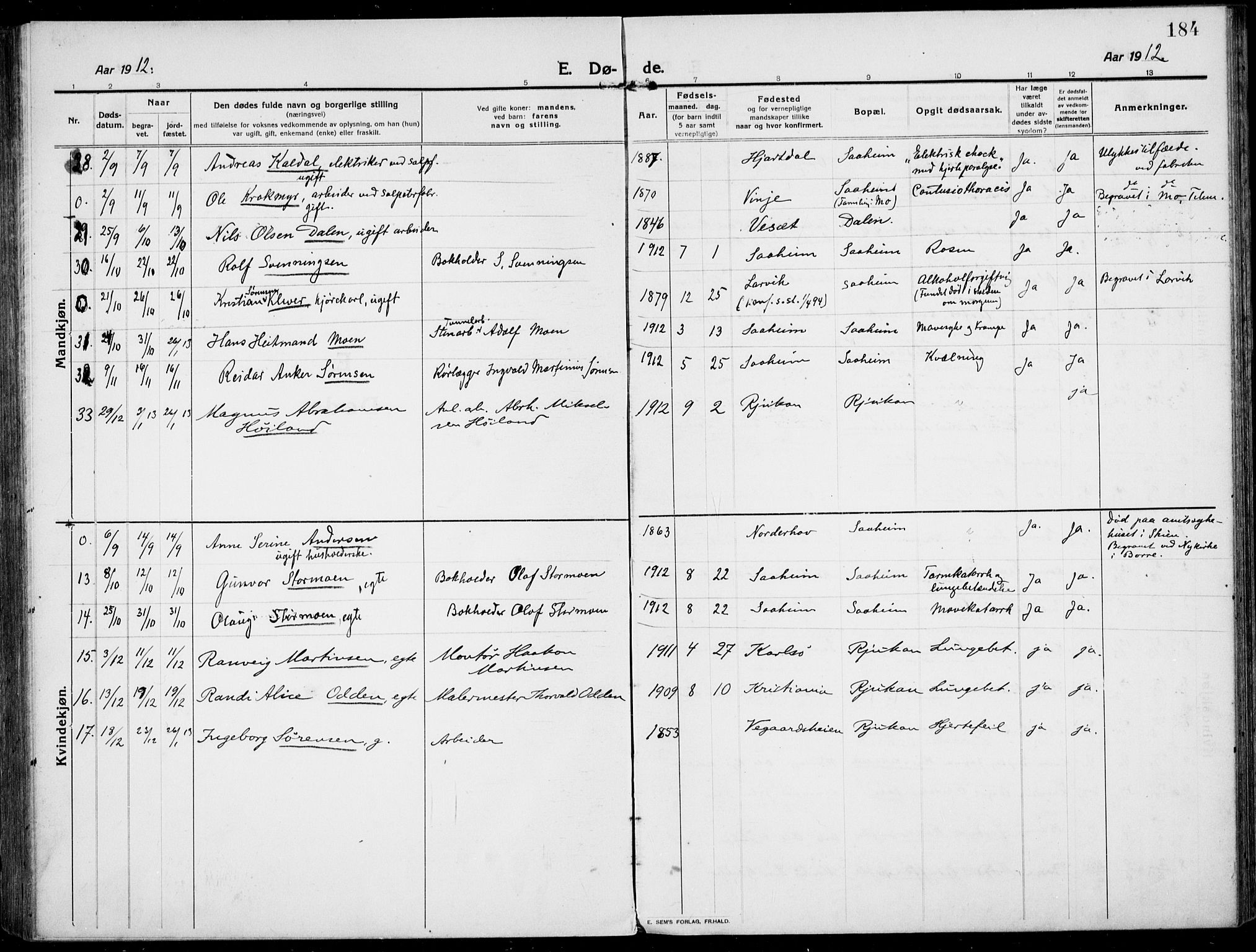 Rjukan kirkebøker, SAKO/A-294/F/Fa/L0002: Parish register (official) no. 2, 1912-1917, p. 184