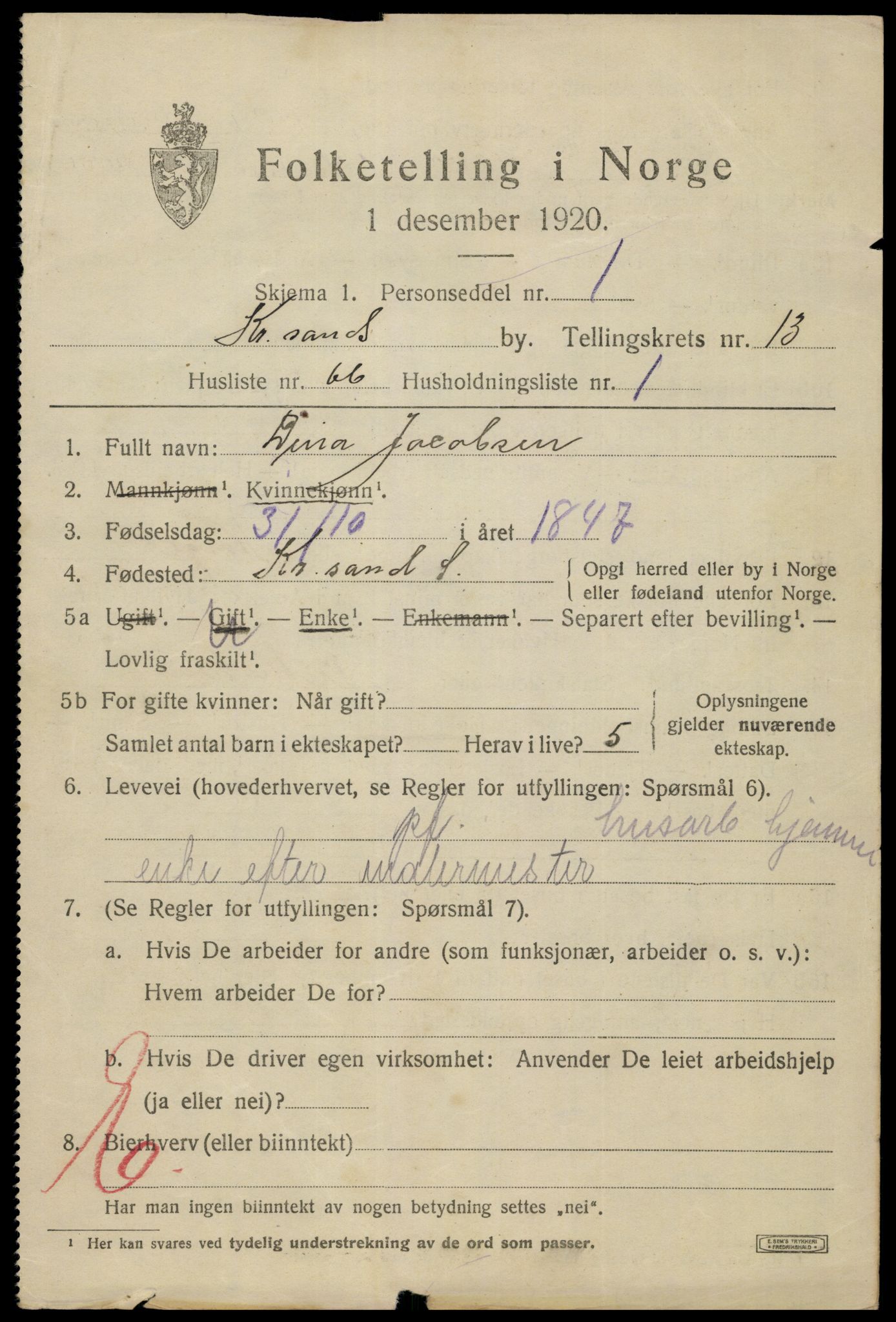 SAK, 1920 census for Kristiansand, 1920, p. 28469