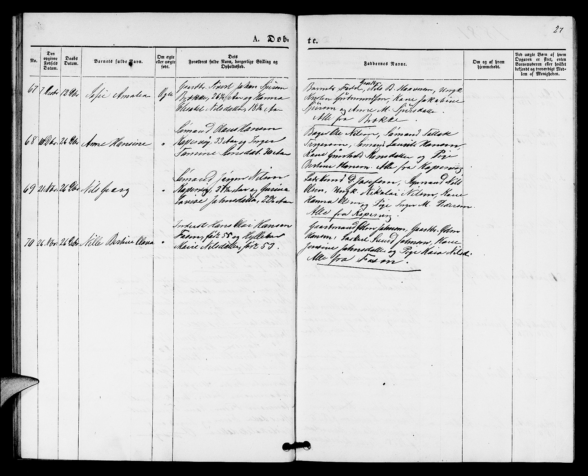 Kopervik sokneprestkontor, SAST/A-101850/H/Ha/Hab/L0001: Parish register (copy) no. B 1, 1877-1891, p. 27
