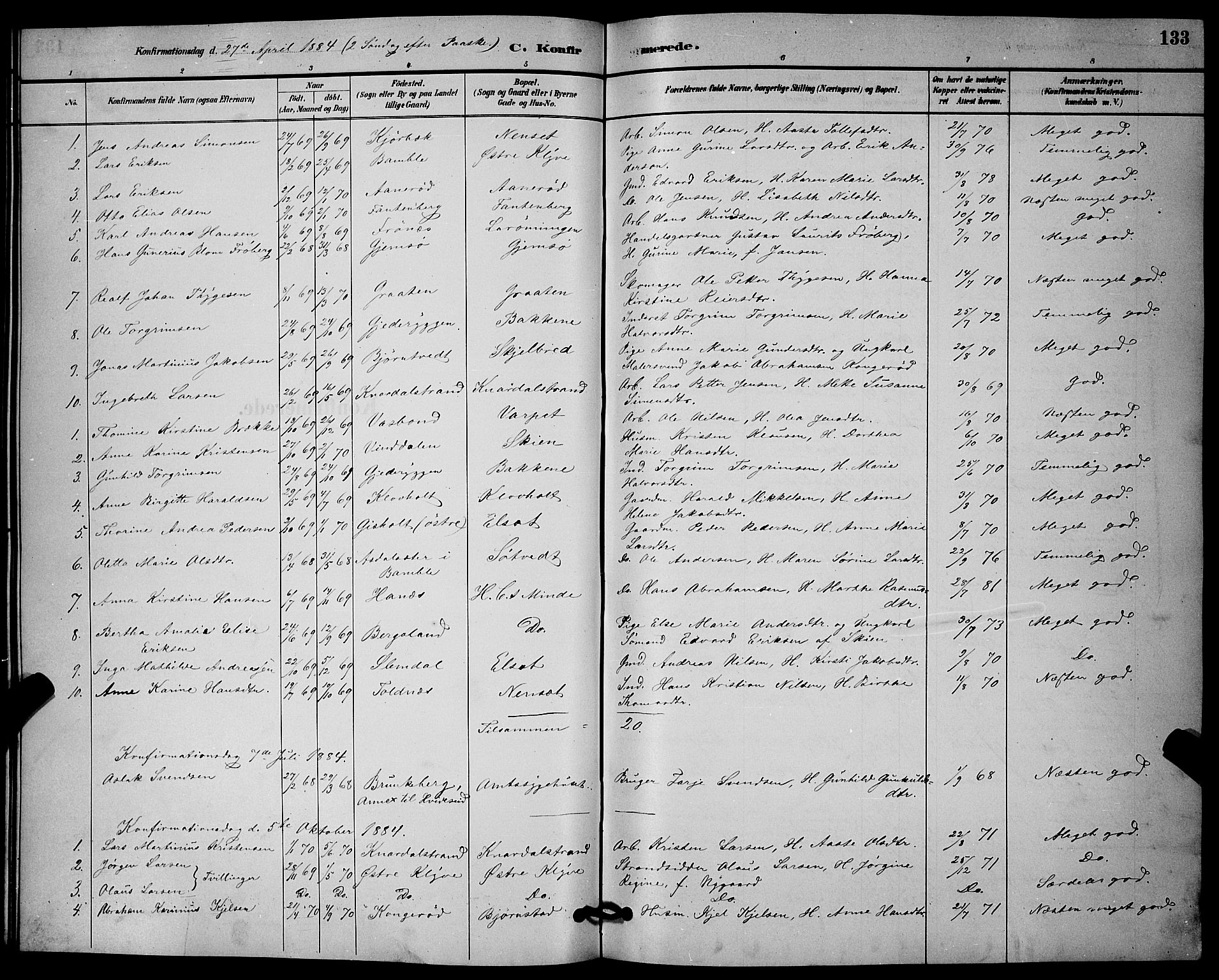 Solum kirkebøker, SAKO/A-306/G/Ga/L0007: Parish register (copy) no. I 7, 1884-1898, p. 133