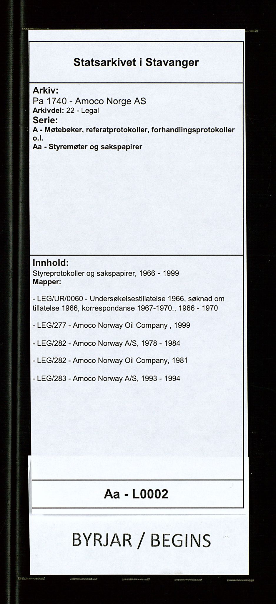 Pa 1740 - Amoco Norway Oil Company, AV/SAST-A-102405/22/A/Aa/L0002: Styreprotokoller og sakspapirer, 1966-1999, p. 1