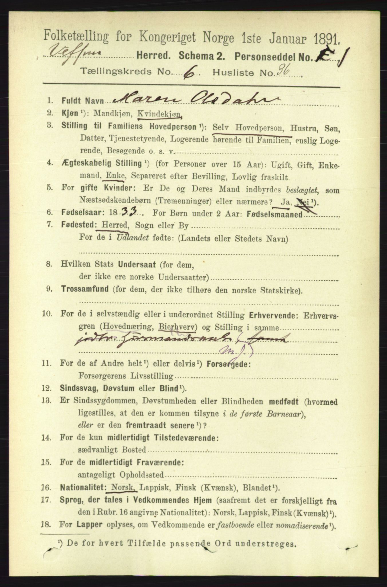 RA, 1891 census for 1824 Vefsn, 1891, p. 3015