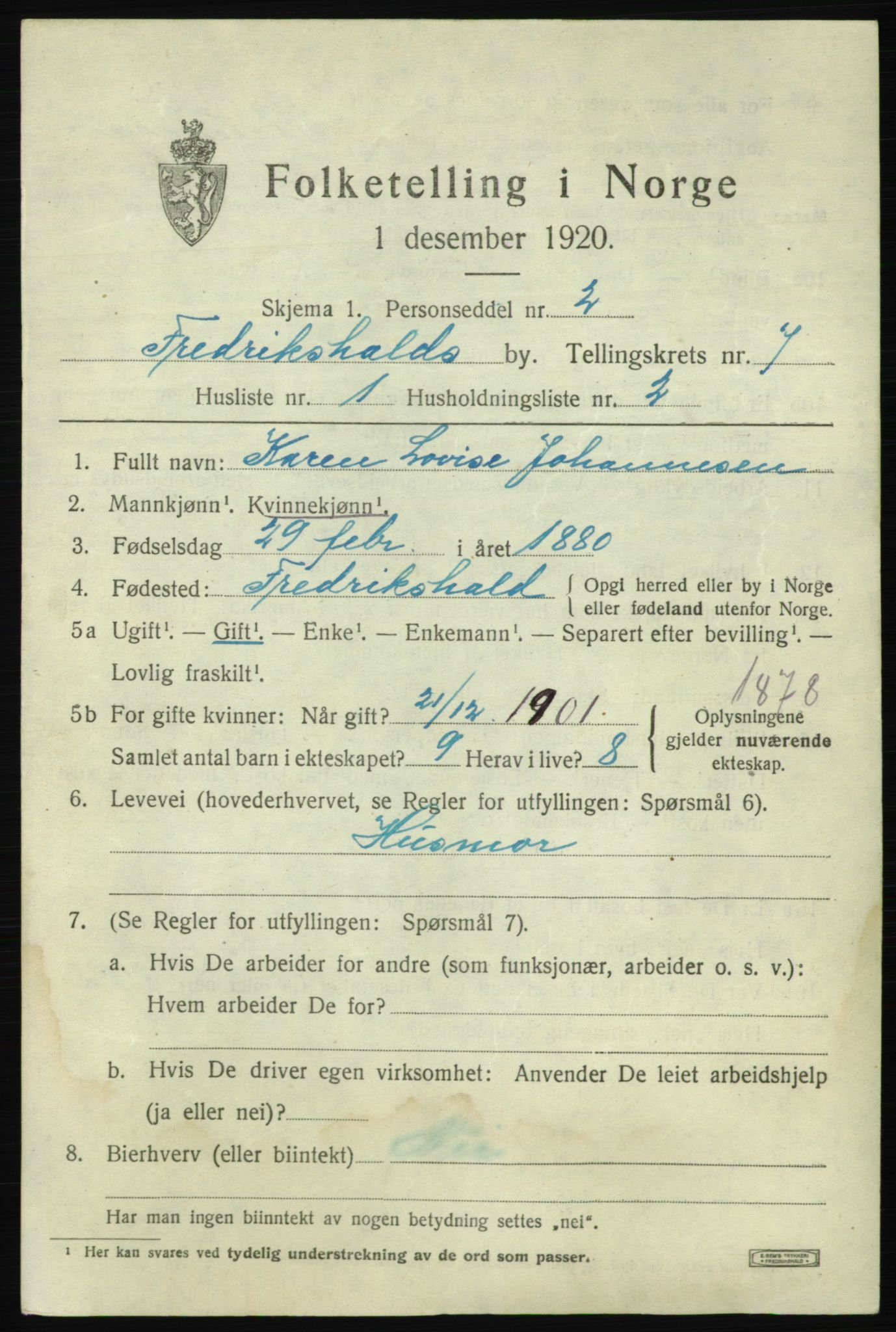 SAO, 1920 census for Fredrikshald, 1920, p. 13793