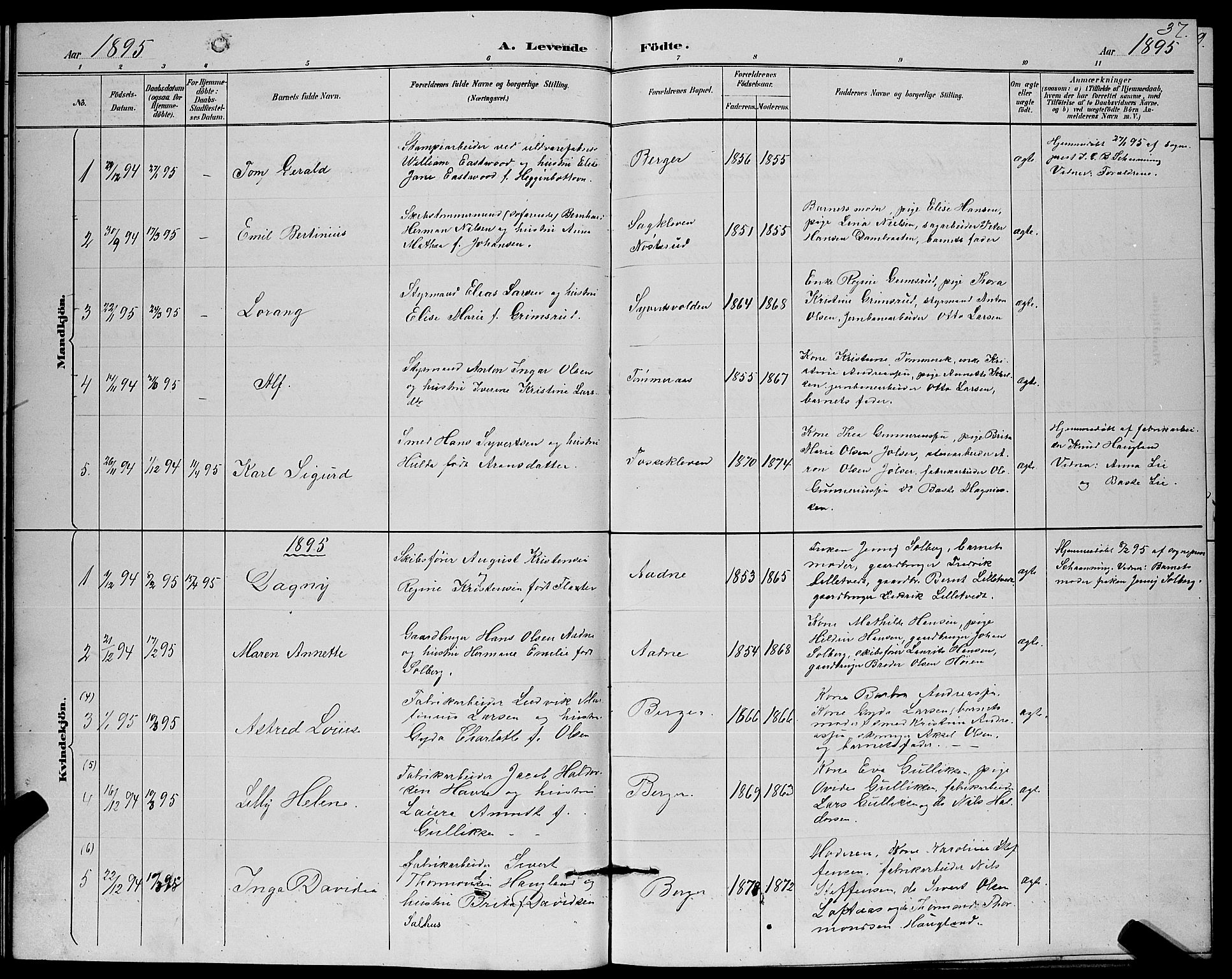 Strømm kirkebøker, SAKO/A-322/G/Ga/L0003: Parish register (copy) no. I 3, 1889-1896, p. 37