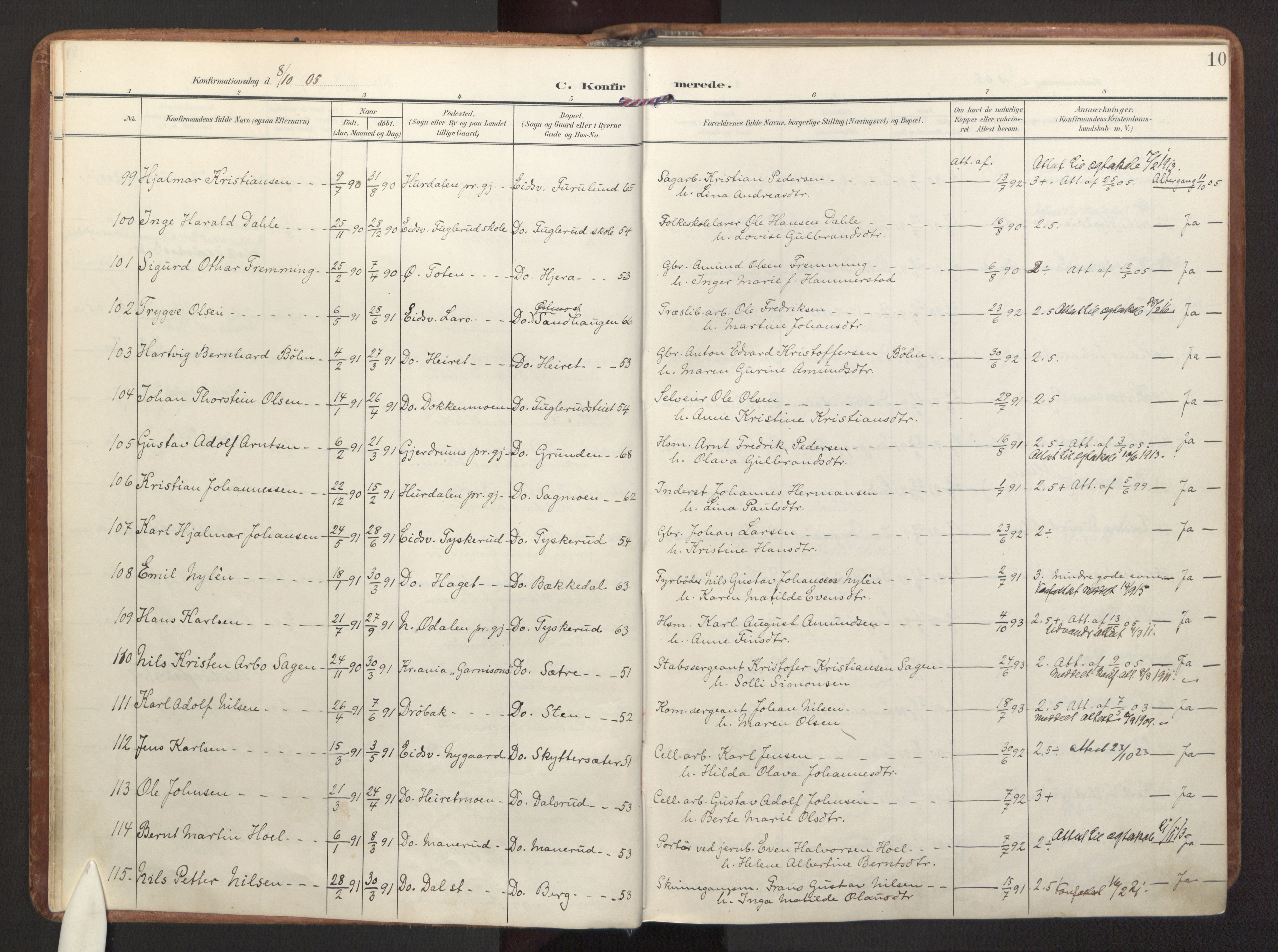 Eidsvoll prestekontor Kirkebøker, AV/SAO-A-10888/F/Fa/L0007: Parish register (official) no. I 7, 1905-1920, p. 10