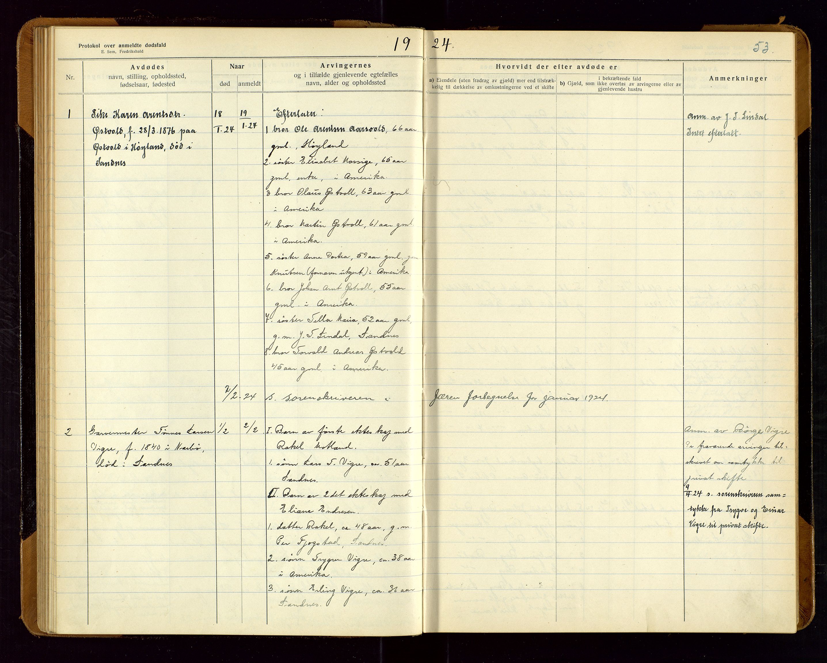 Sandnes lensmannskontor, AV/SAST-A-100167/Gga/L0001: "Protokol over anmeldte dødsfald" m/register, 1918-1940, p. 53