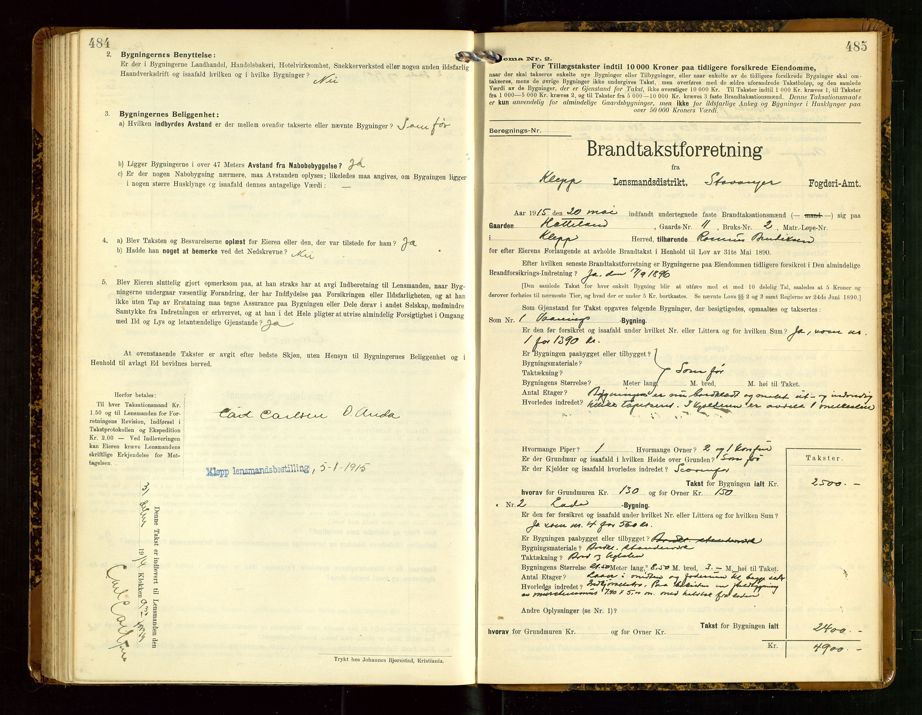 Klepp lensmannskontor, SAST/A-100163/Goc/L0007: "Brandtaxationsprotokol" m/register, 1911-1915, p. 484-485